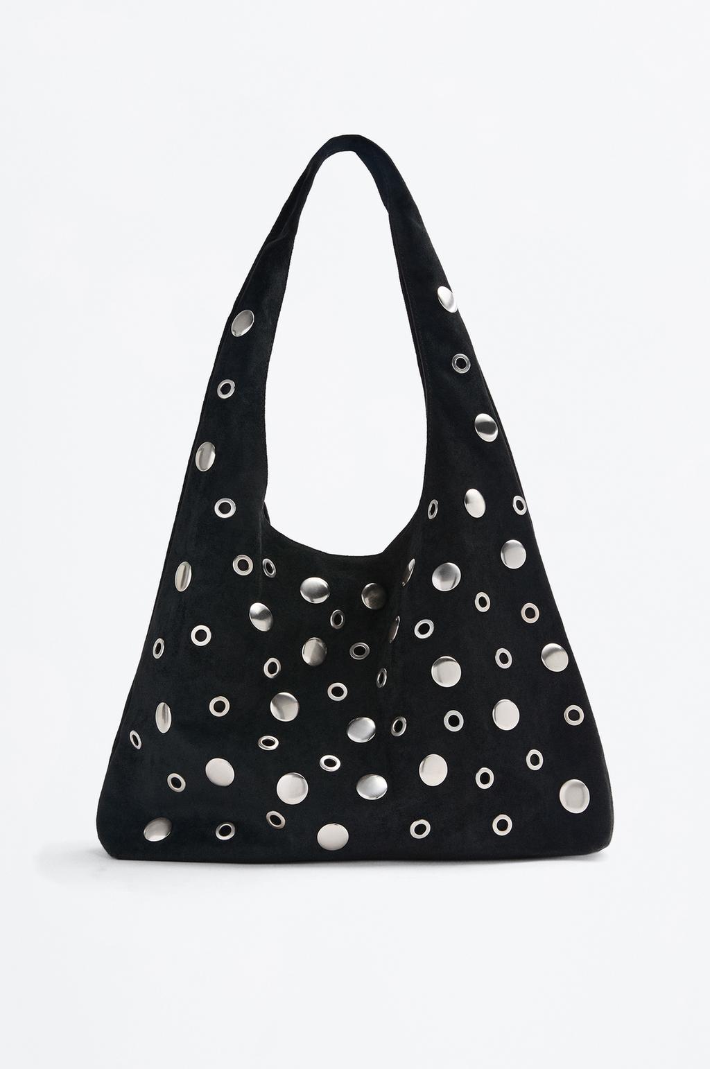 Large studded faux suede shoulder bag