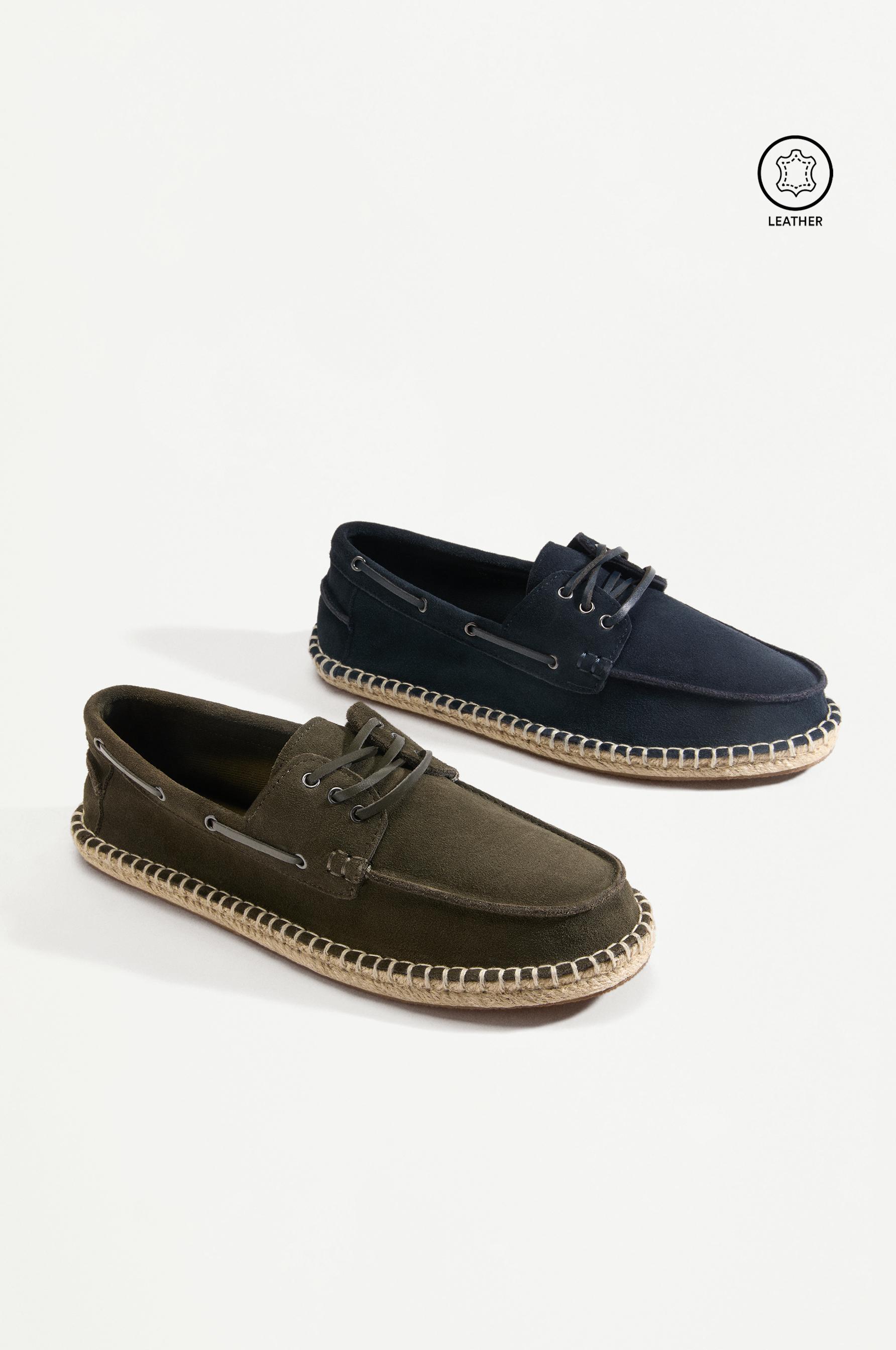 Leather boat shoe with jute effect — KHAKI