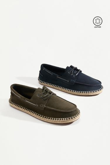 Leather boat shoe with jute effect — KHAKI 6