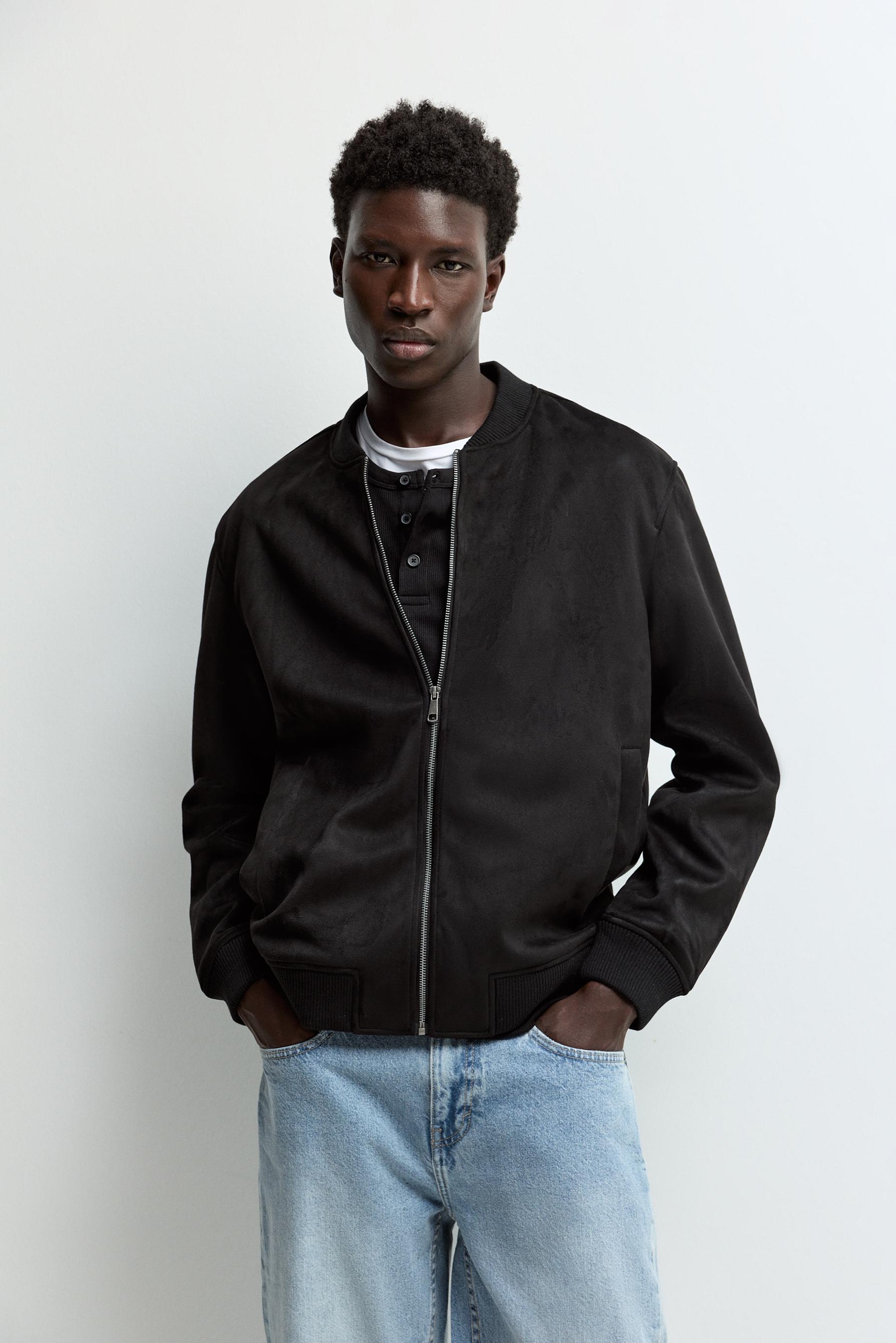 Faux suede bomber jacket — BLACK