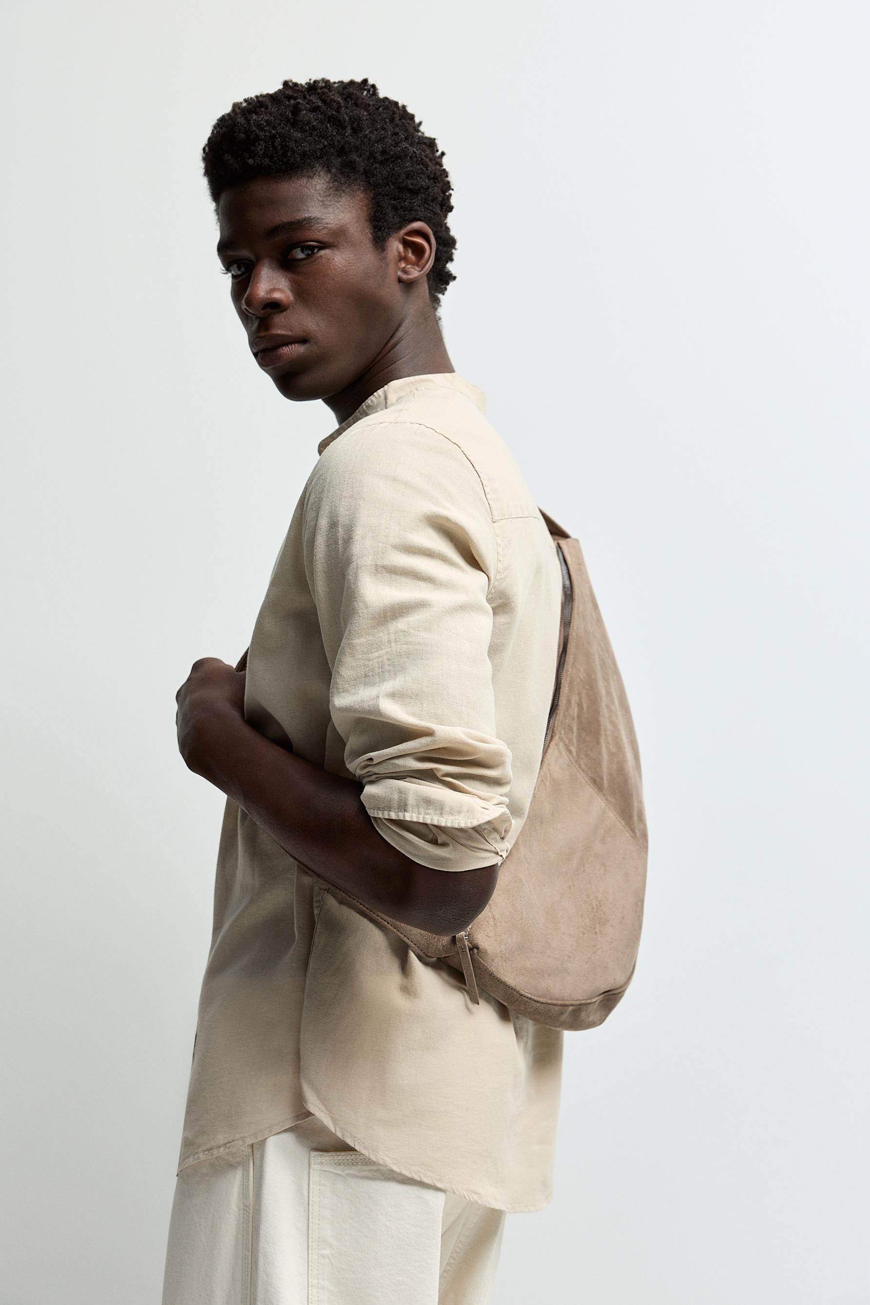 Linen and cotton stand collar shirt — BEIGE