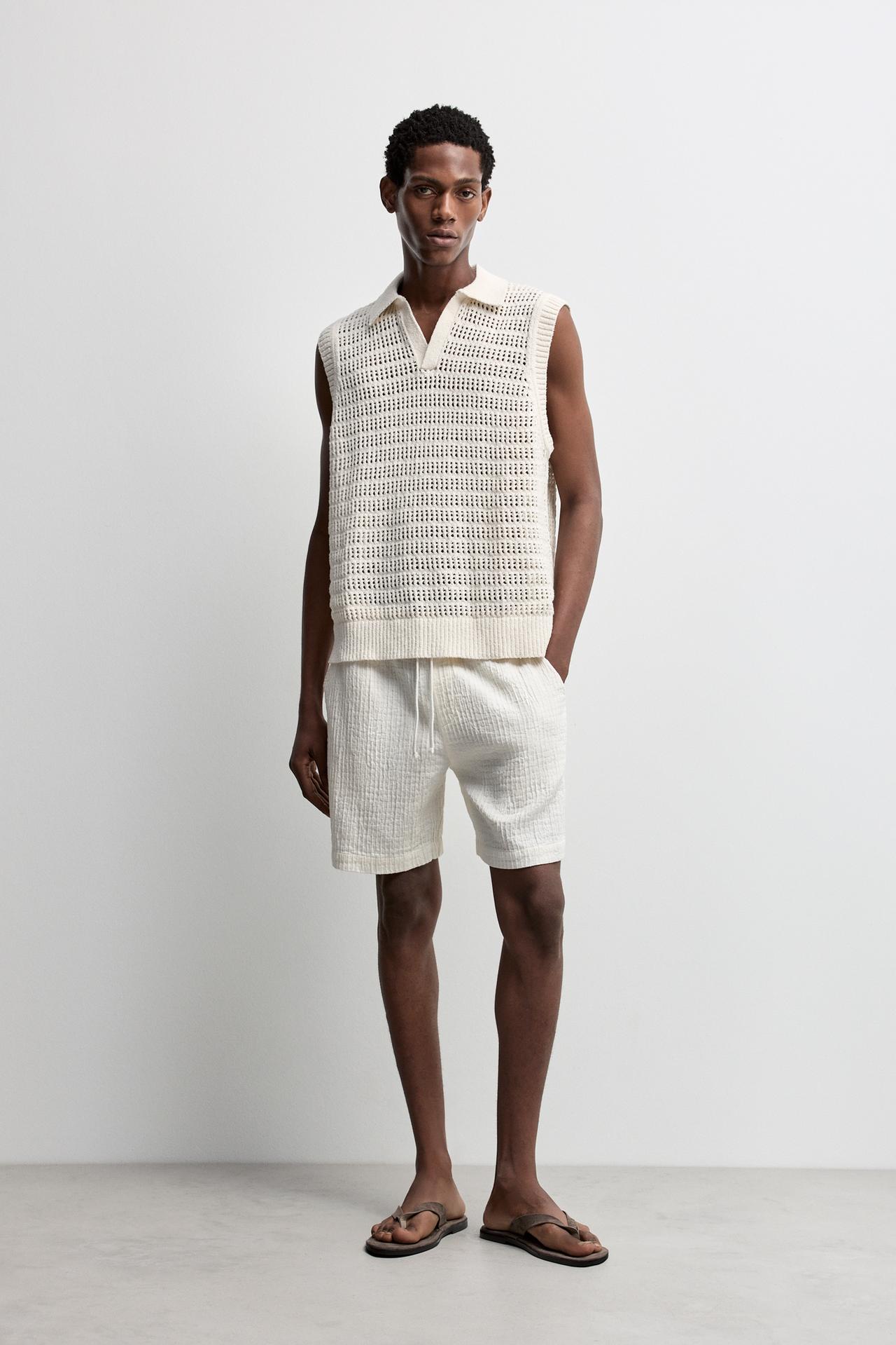 Cutwork knit polo vest — OFF WHITE