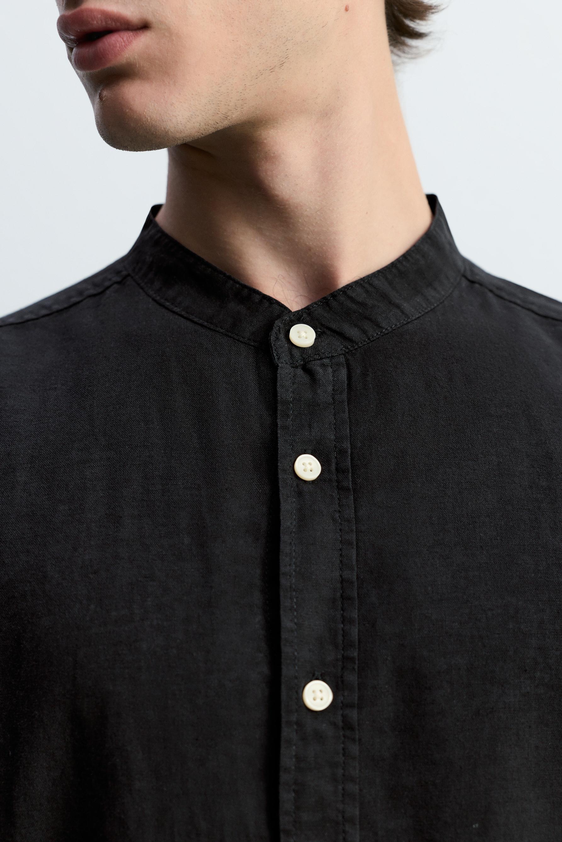 Linen and cotton stand collar shirt — BLACK