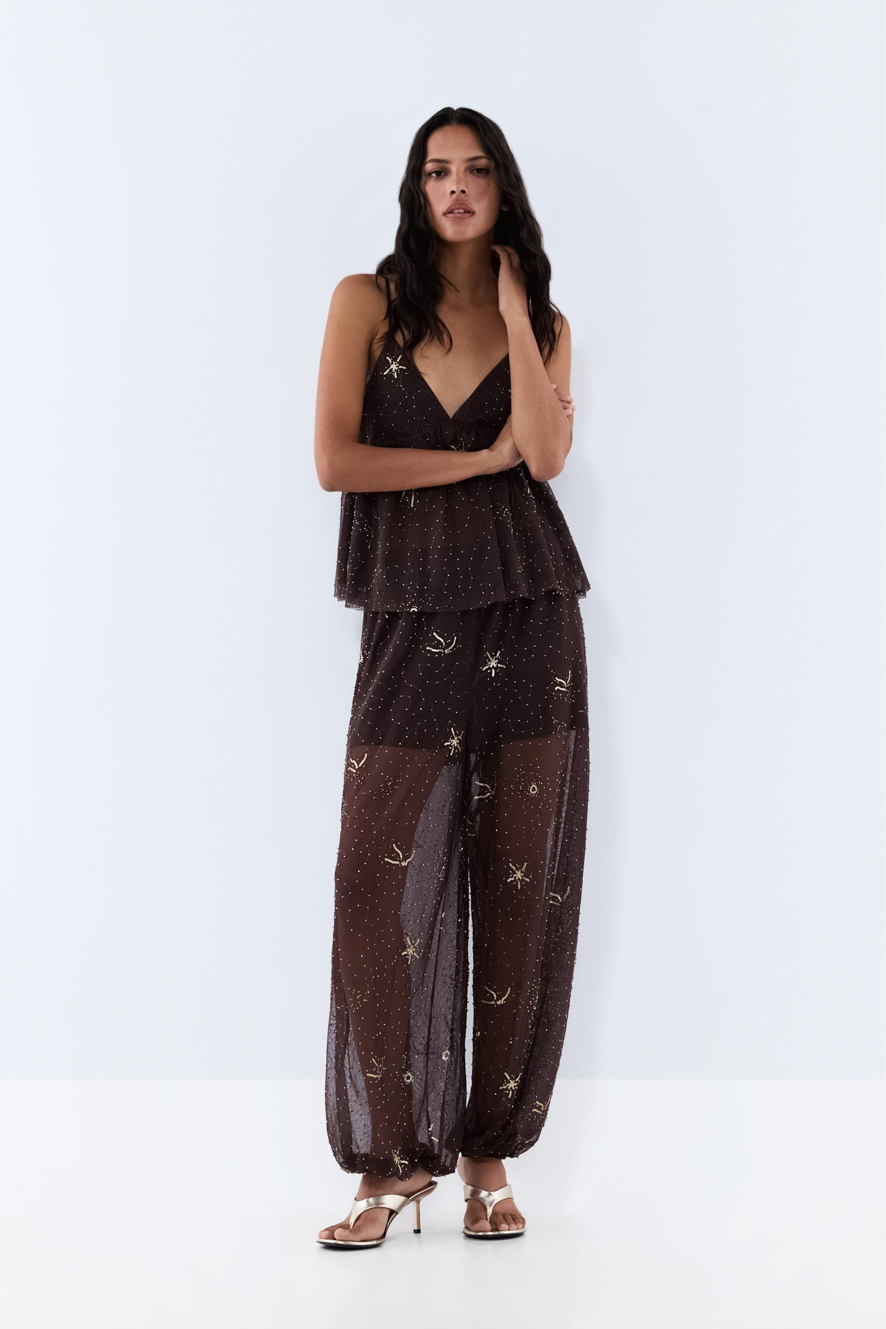 Rhinestone embroidered sarouel trousers — BROWN