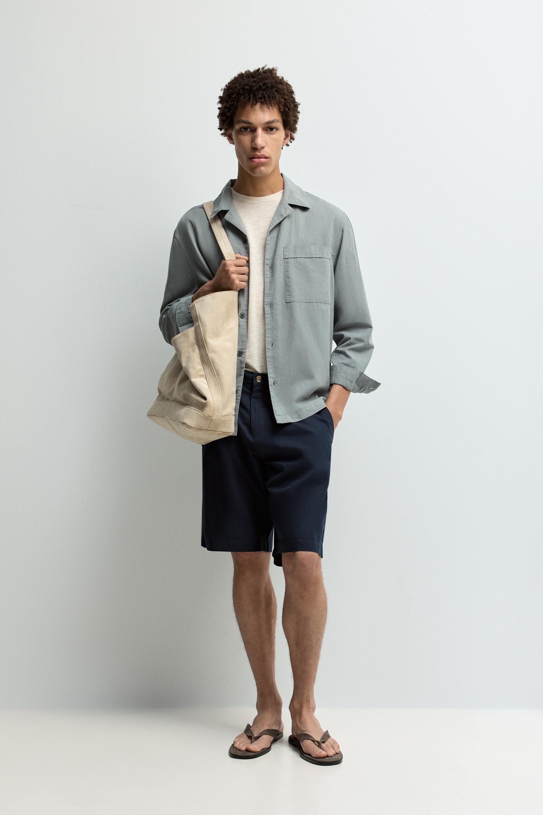 Cotton-linen chino Bermuda shorts — DARK BLUE