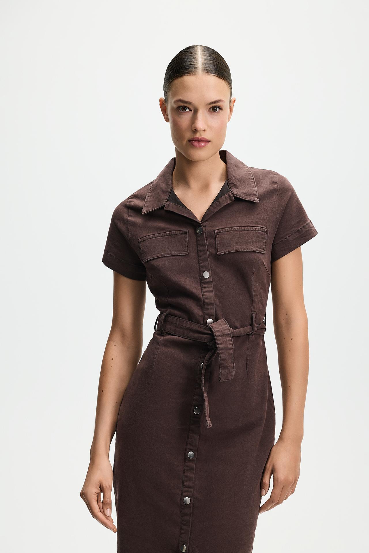 Fitted denim button-front dress — BROWN MARL