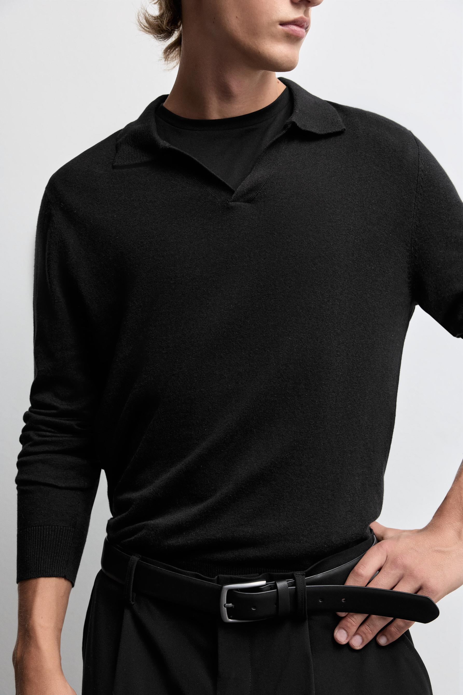 Long sleeve knit polo shirt — BLACK