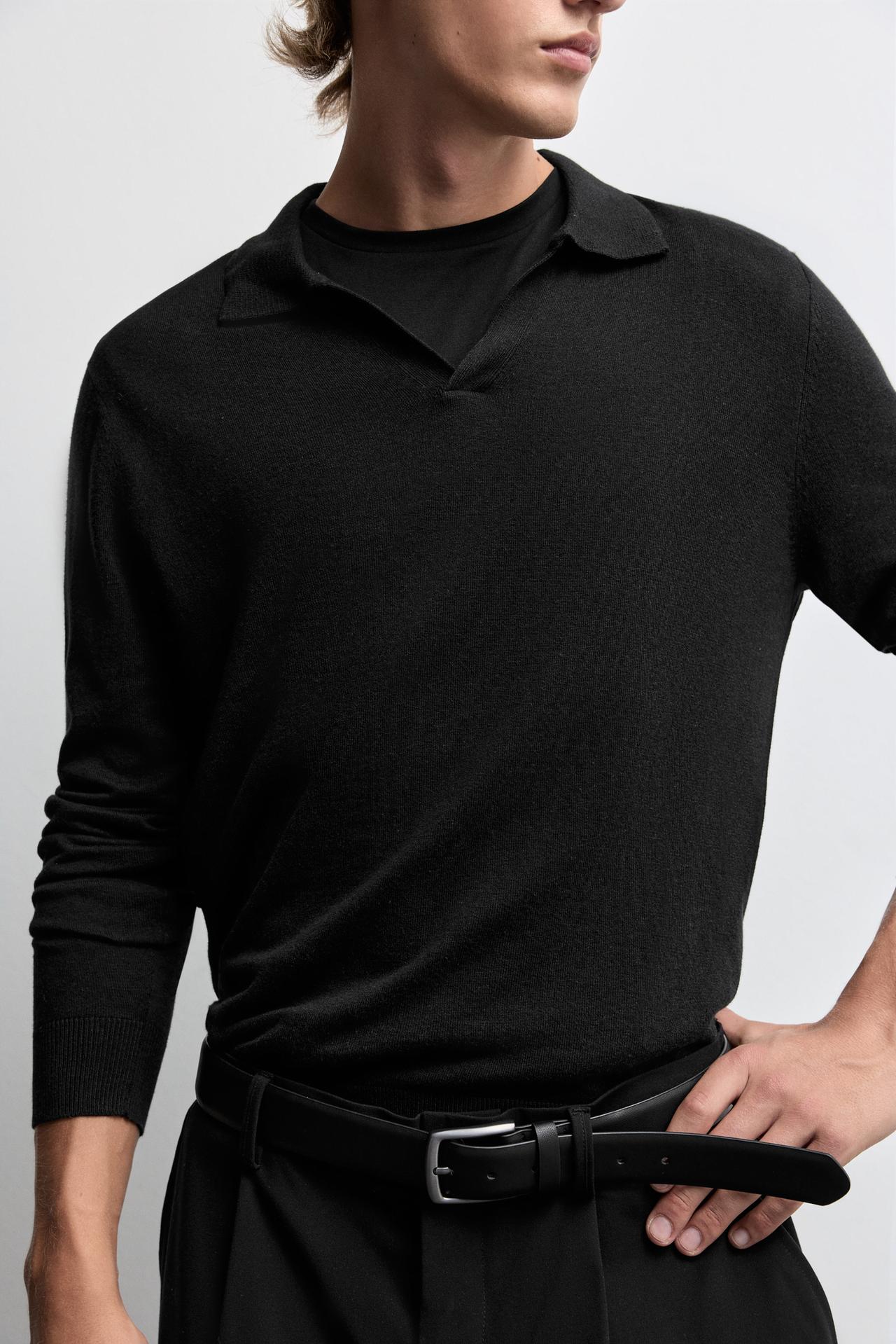 Long sleeve knit polo shirt — BLACK