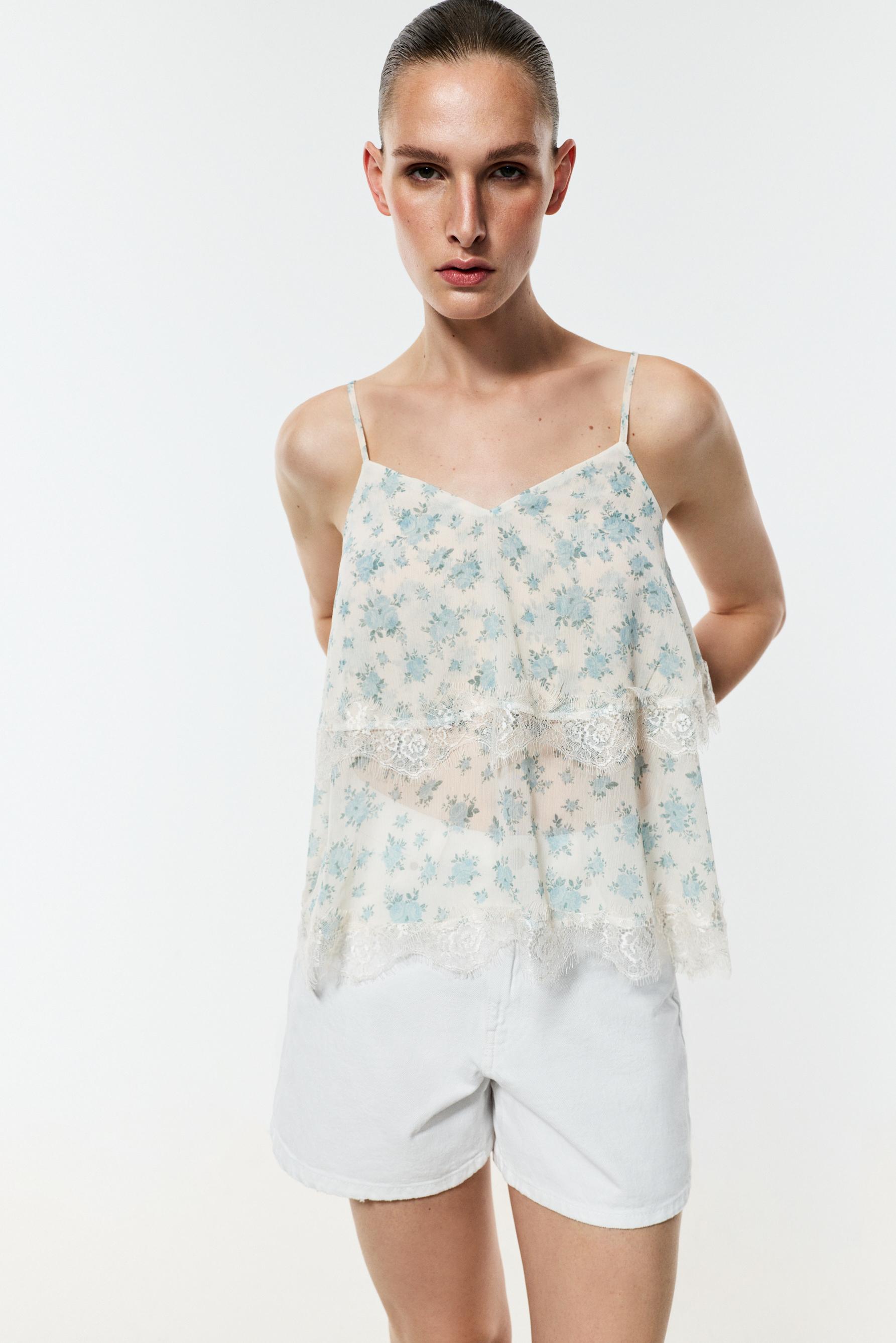 Floral lace-detail top — WHITE/TURQUOISE