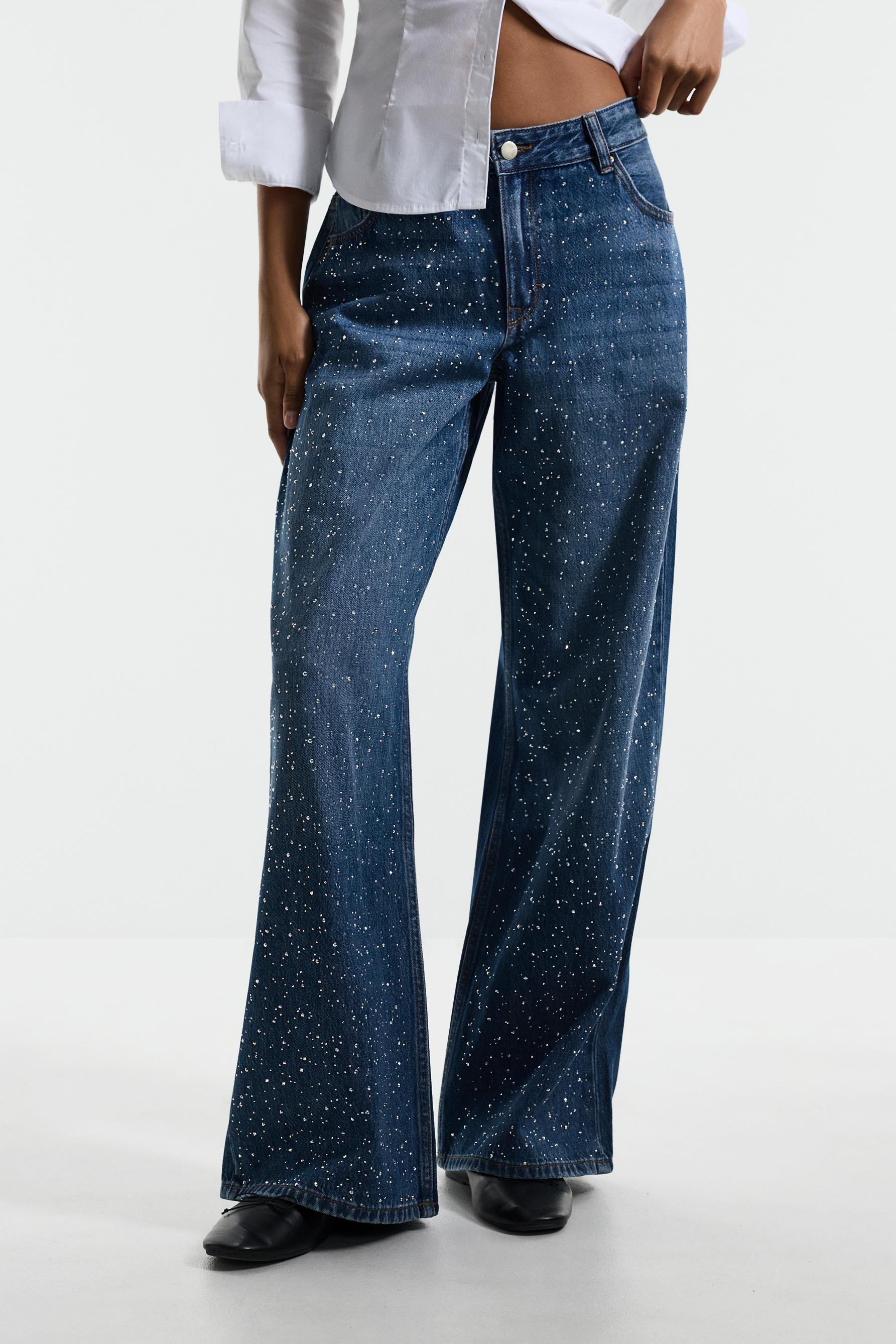 Wide-leg rhinestone jeans — FADED INDIGO