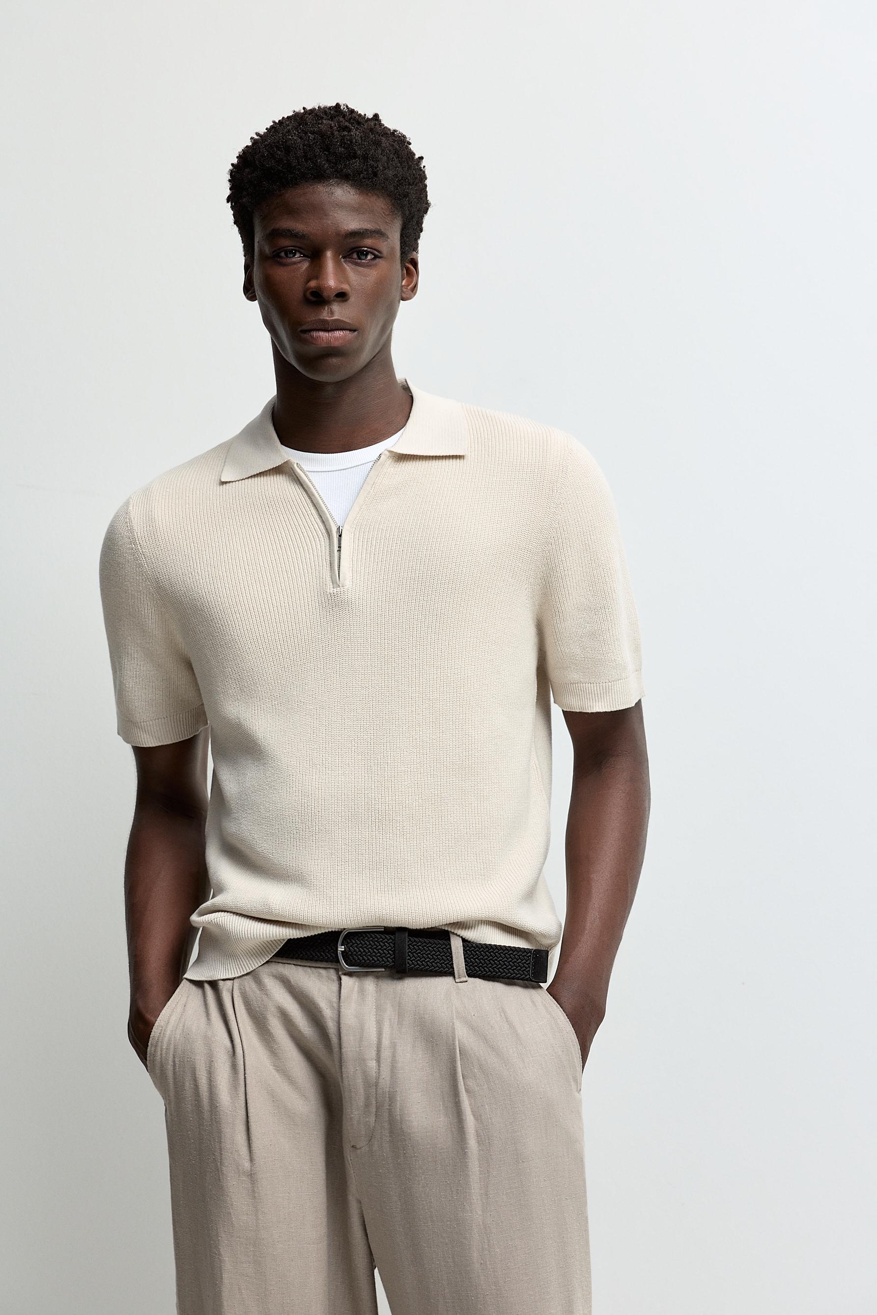 Zip-up knit polo — BEIGE
