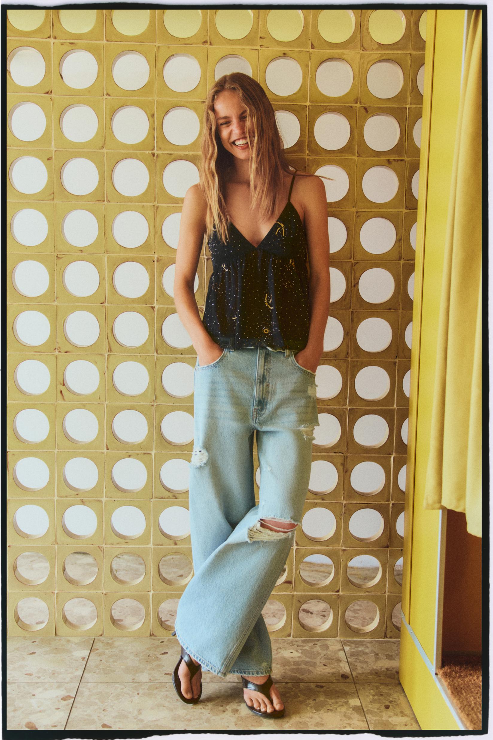 Fold-over waist baggy jeans — SKY BLUE