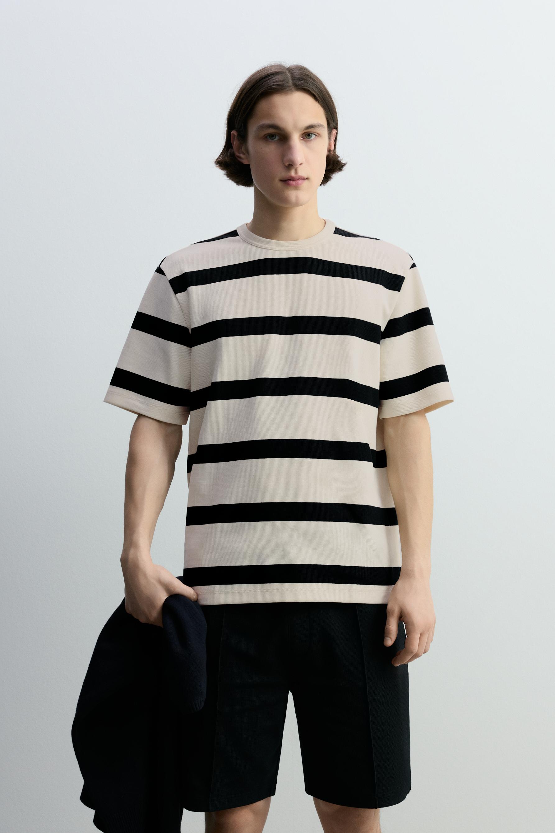 Textured striped T-shirt — NAVY