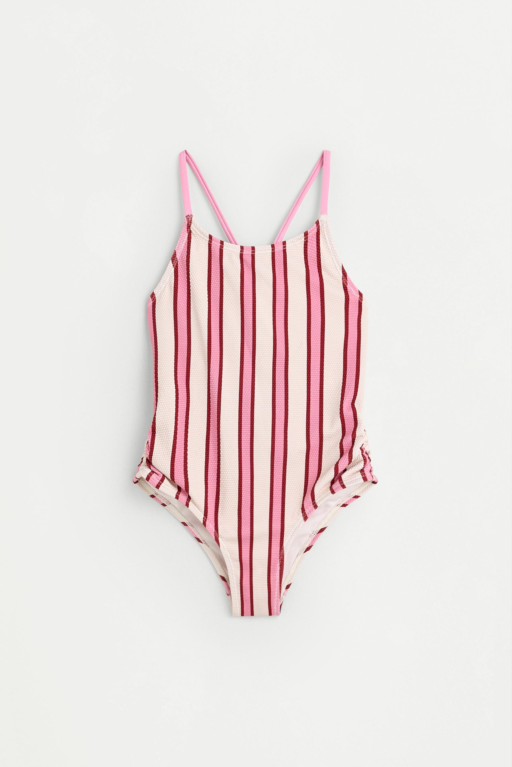 Girl's Pink Striped Swimsuit — PINKISH WHITE
