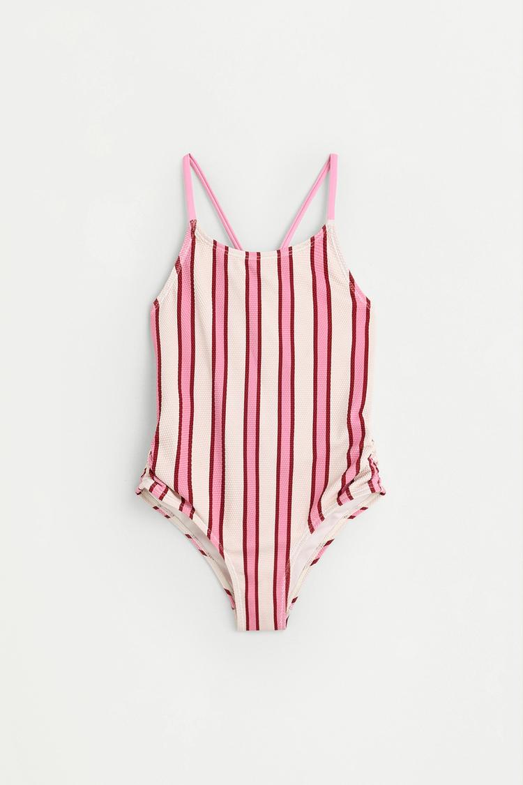 Girl's Pink Striped Swimsuit — PINKISH WHITE