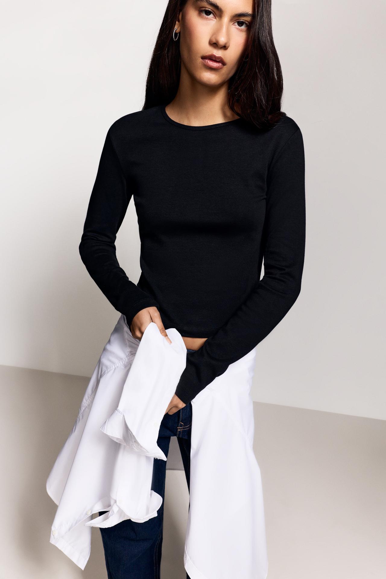 Ribbed long sleeve T-shirt — BLACK