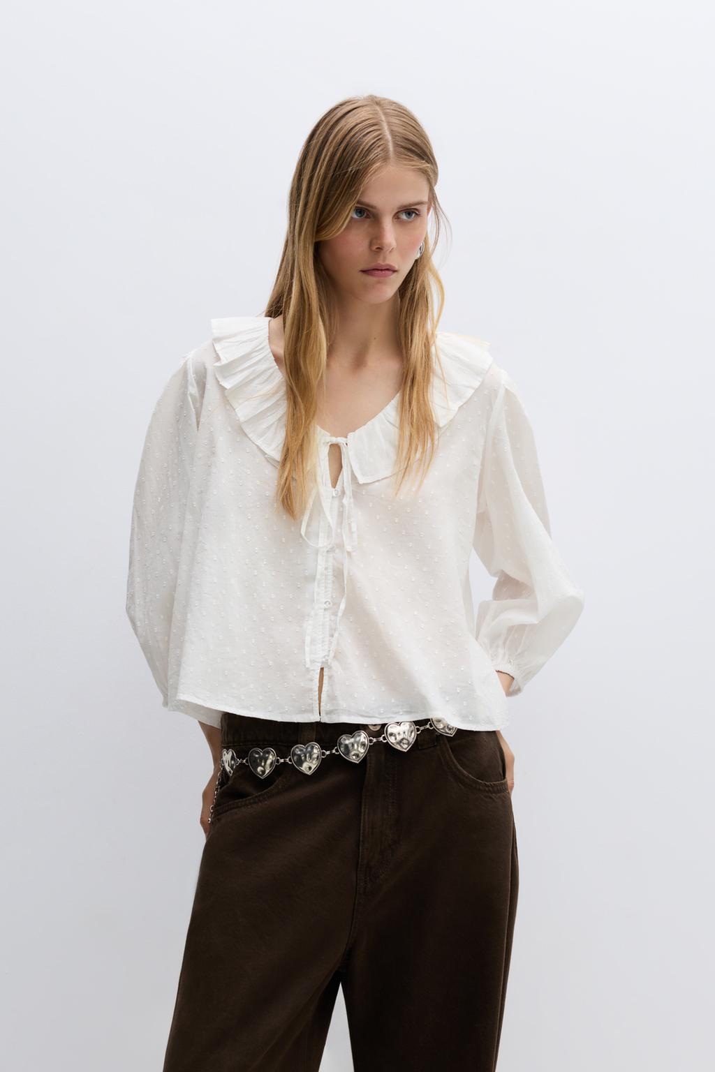 Ruffled Dotted Mesh Shirt