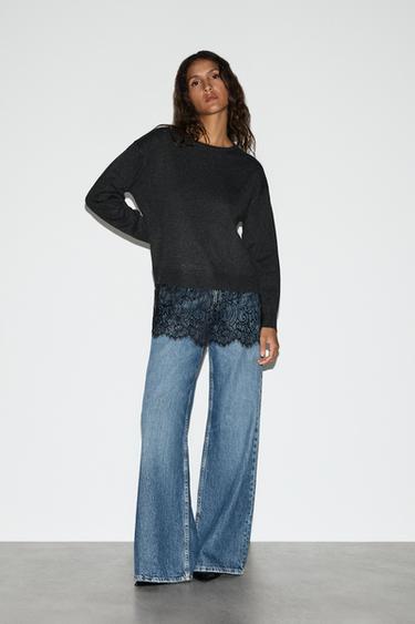 Lace hem sweater — GREY MARL 3