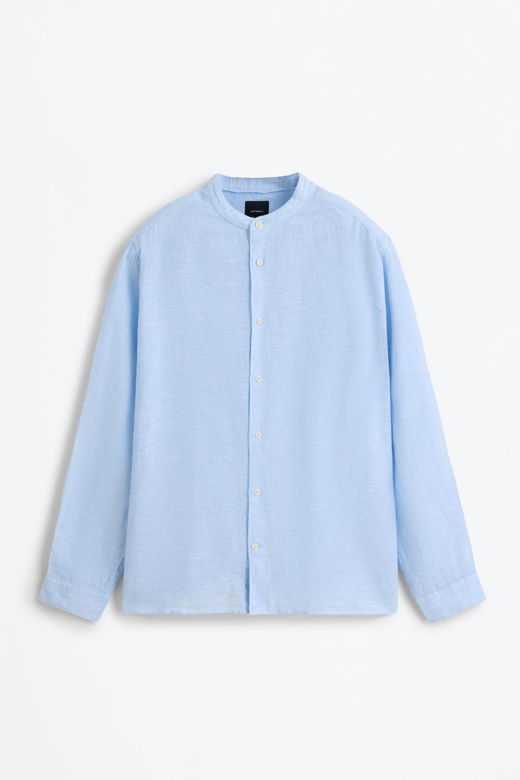 Linen and cotton stand collar shirt — SKY BLUE