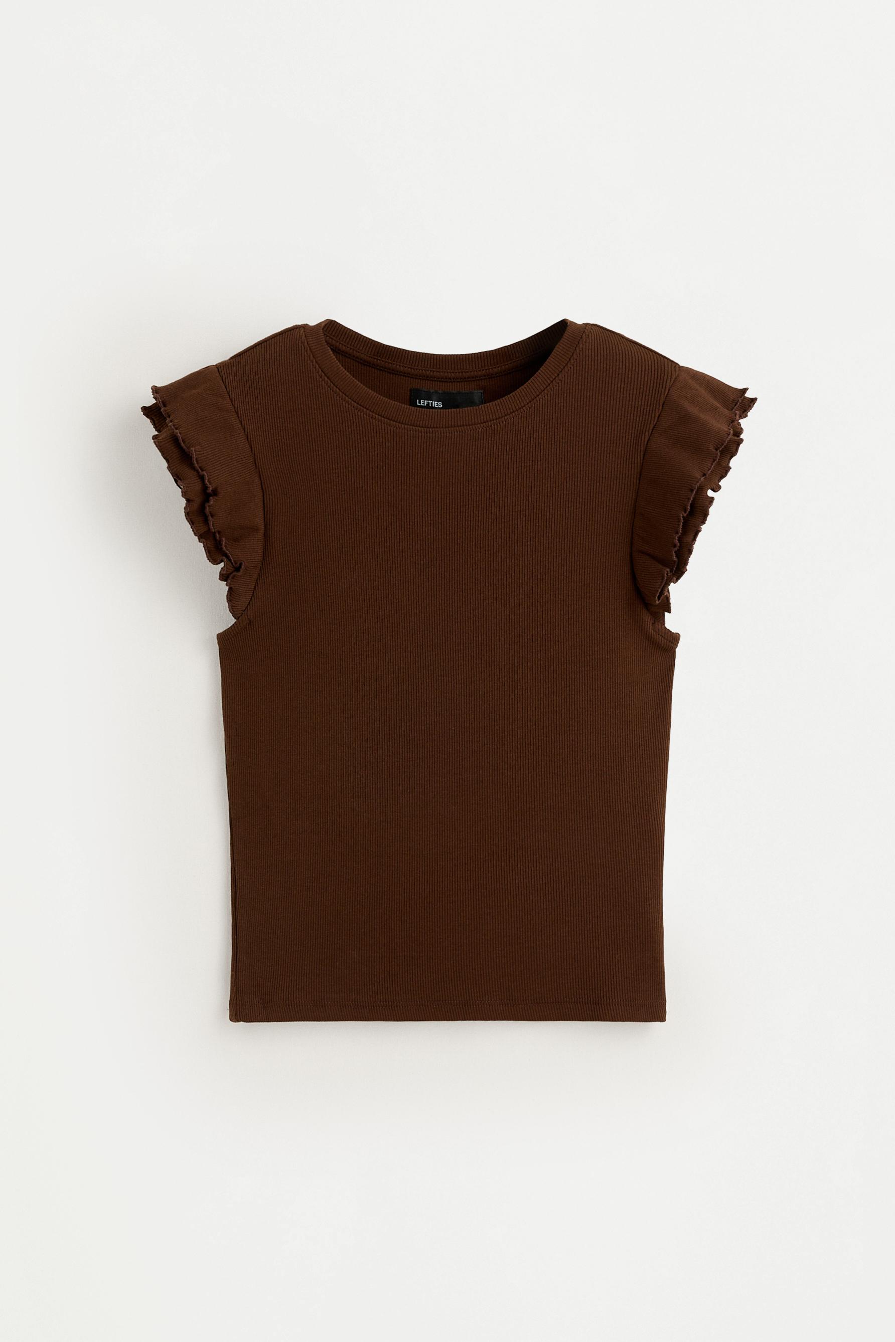 Ribbed Ruffled T-shirt — BROWN