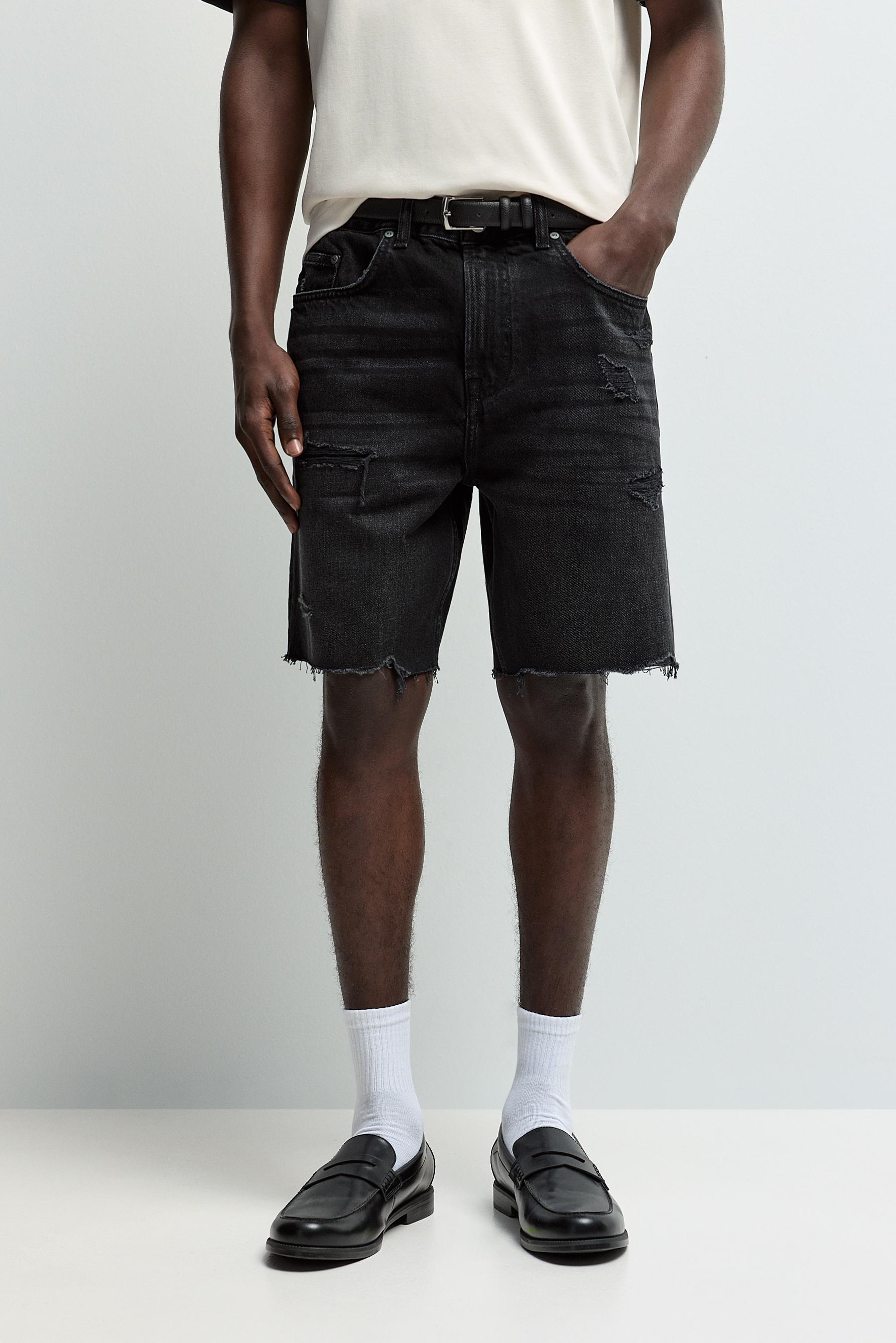 Ripped denim Bermuda shorts — BLACK