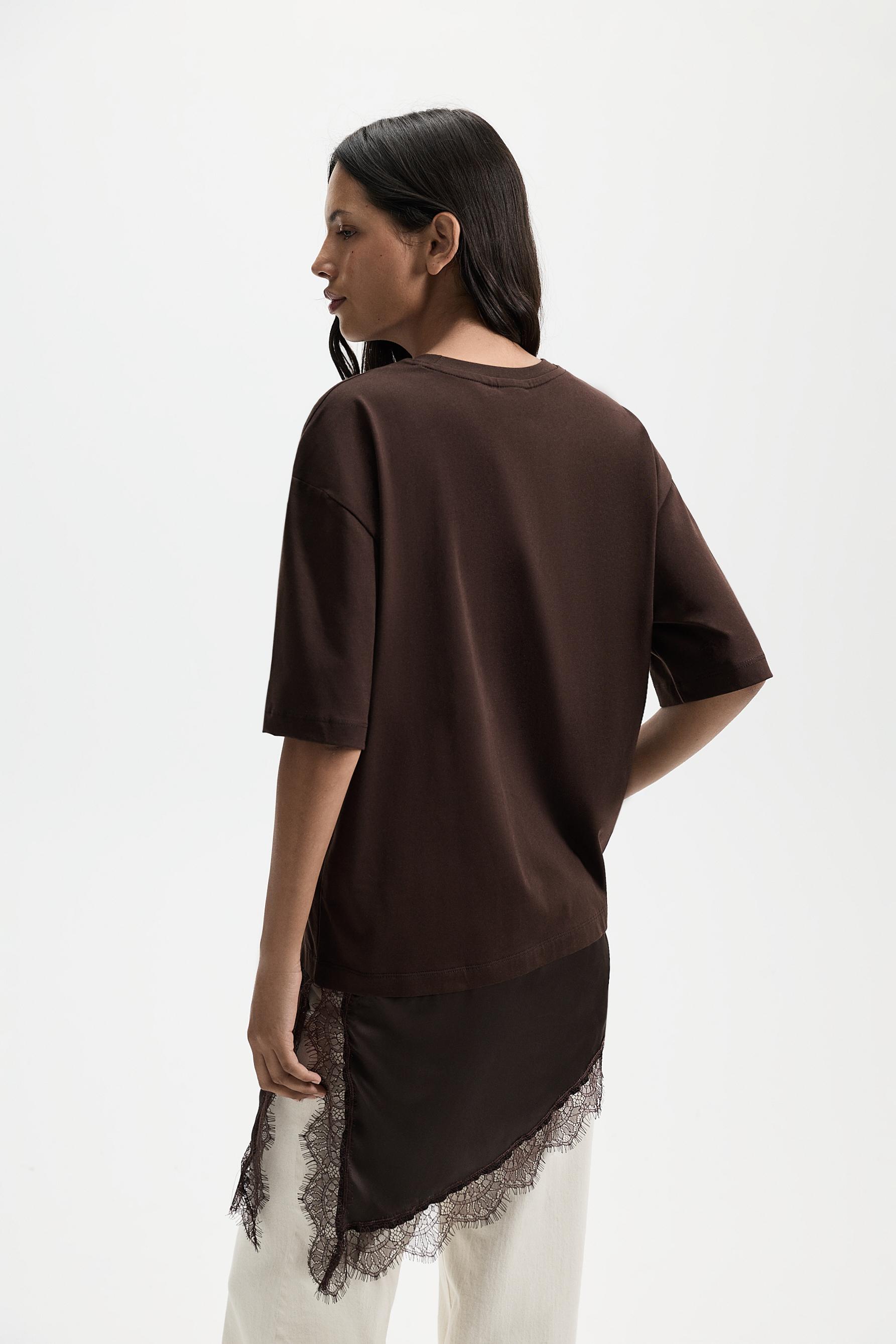 Lace hem T-shirt — BROWN