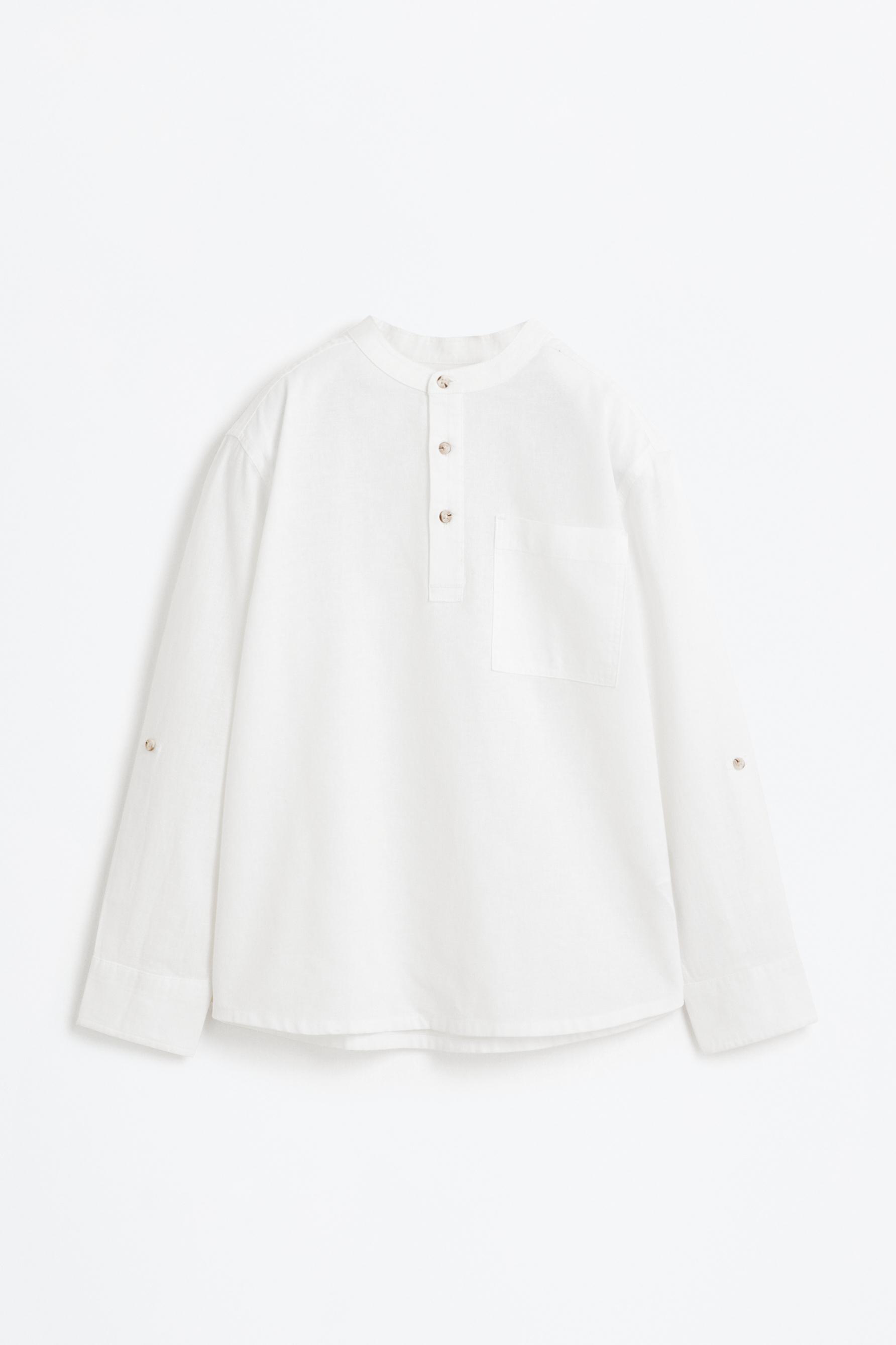 Linen-cotton stand collar shirt — WHITE