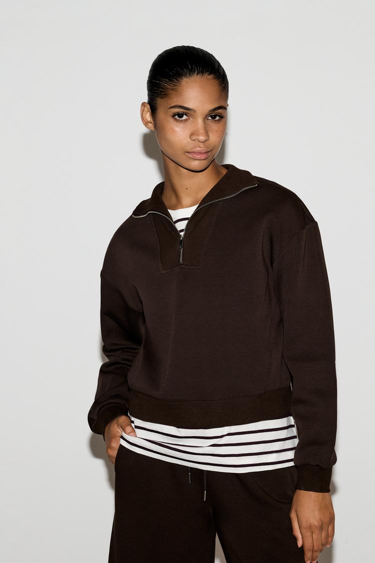 Basic quarter-zip sweatshirt — CHOCOLATE
