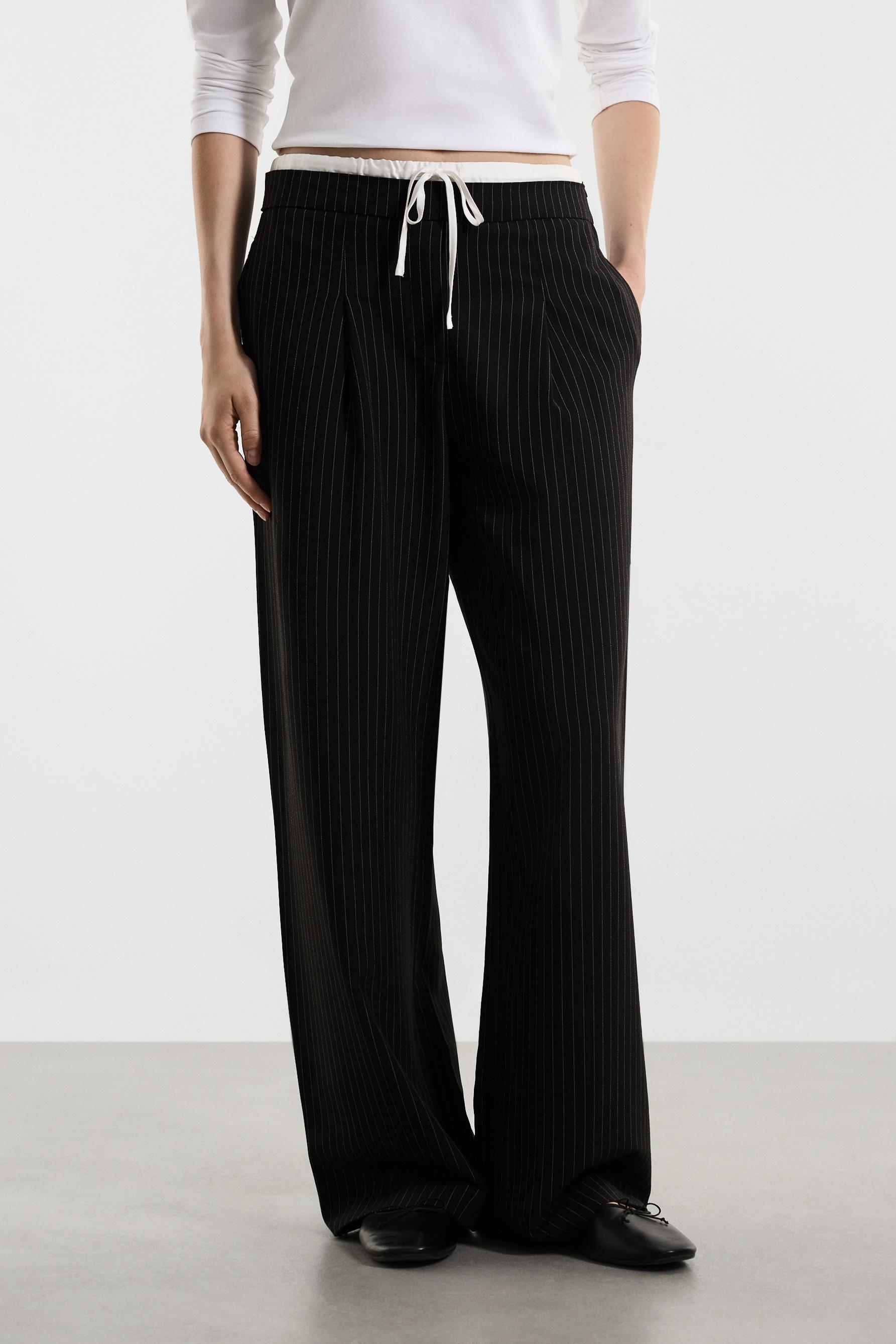 Striped contrast waistband trousers — BLACK