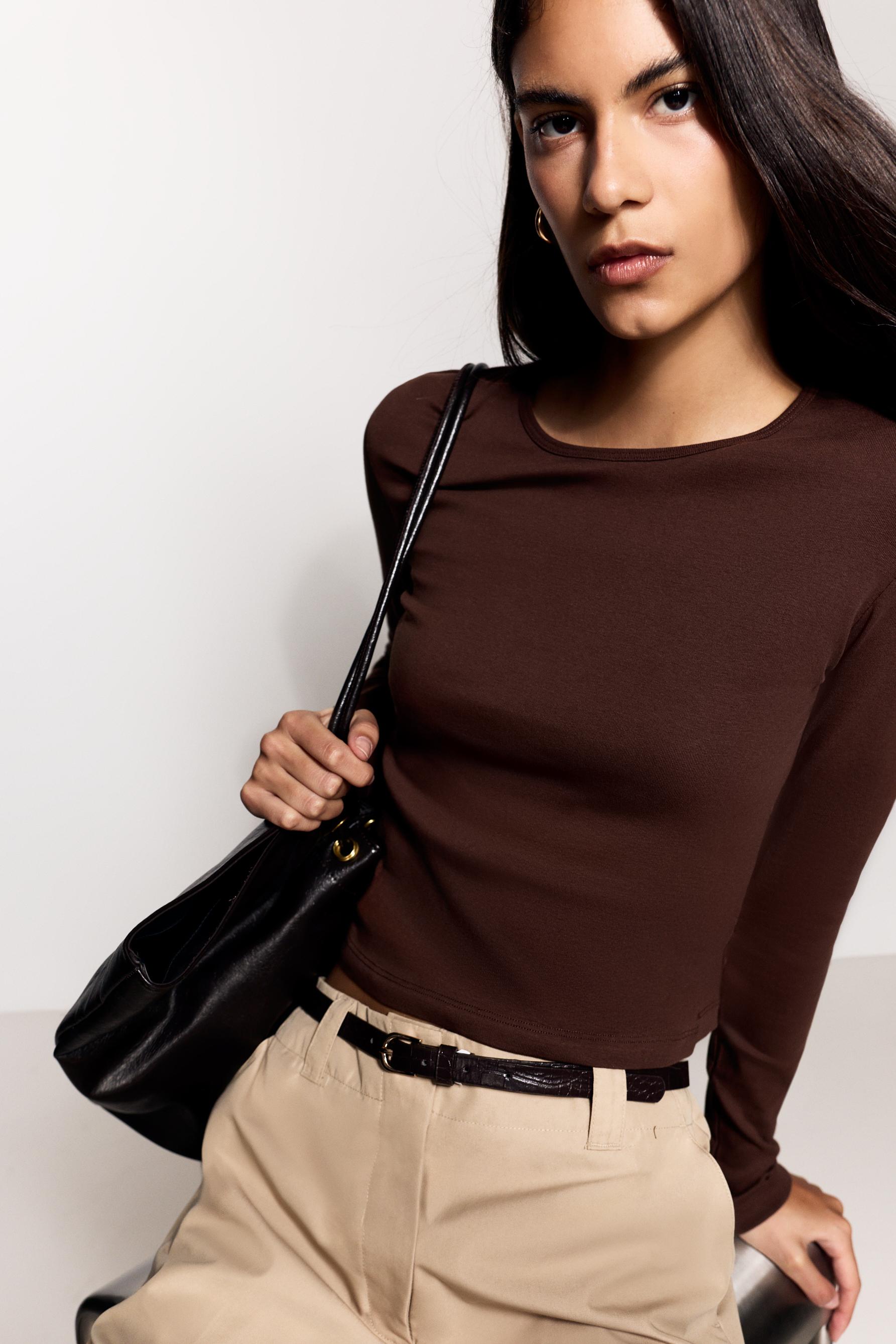 Ribbed long sleeve T-shirt — BROWN