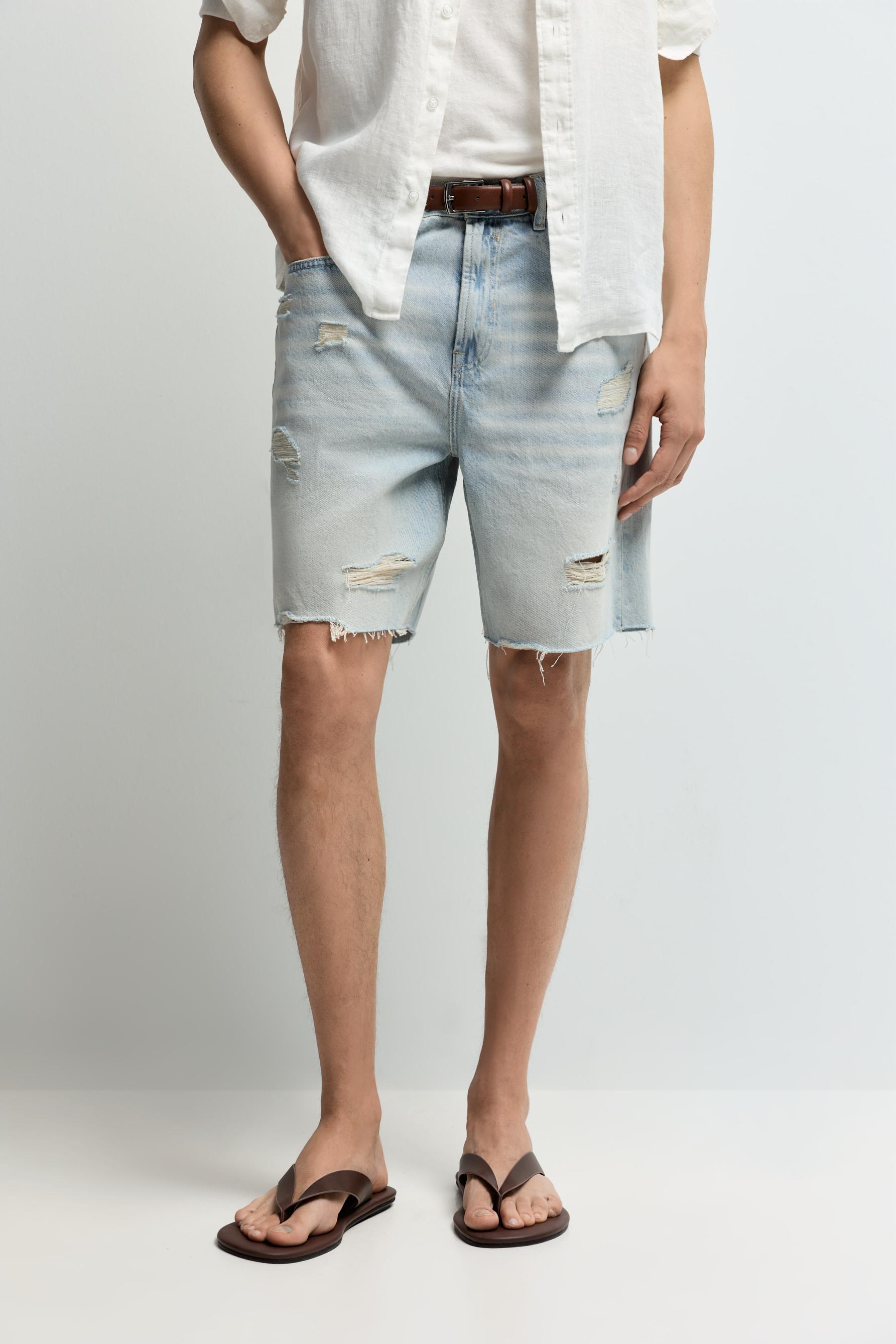Ripped denim Bermuda shorts — SKY BLUE