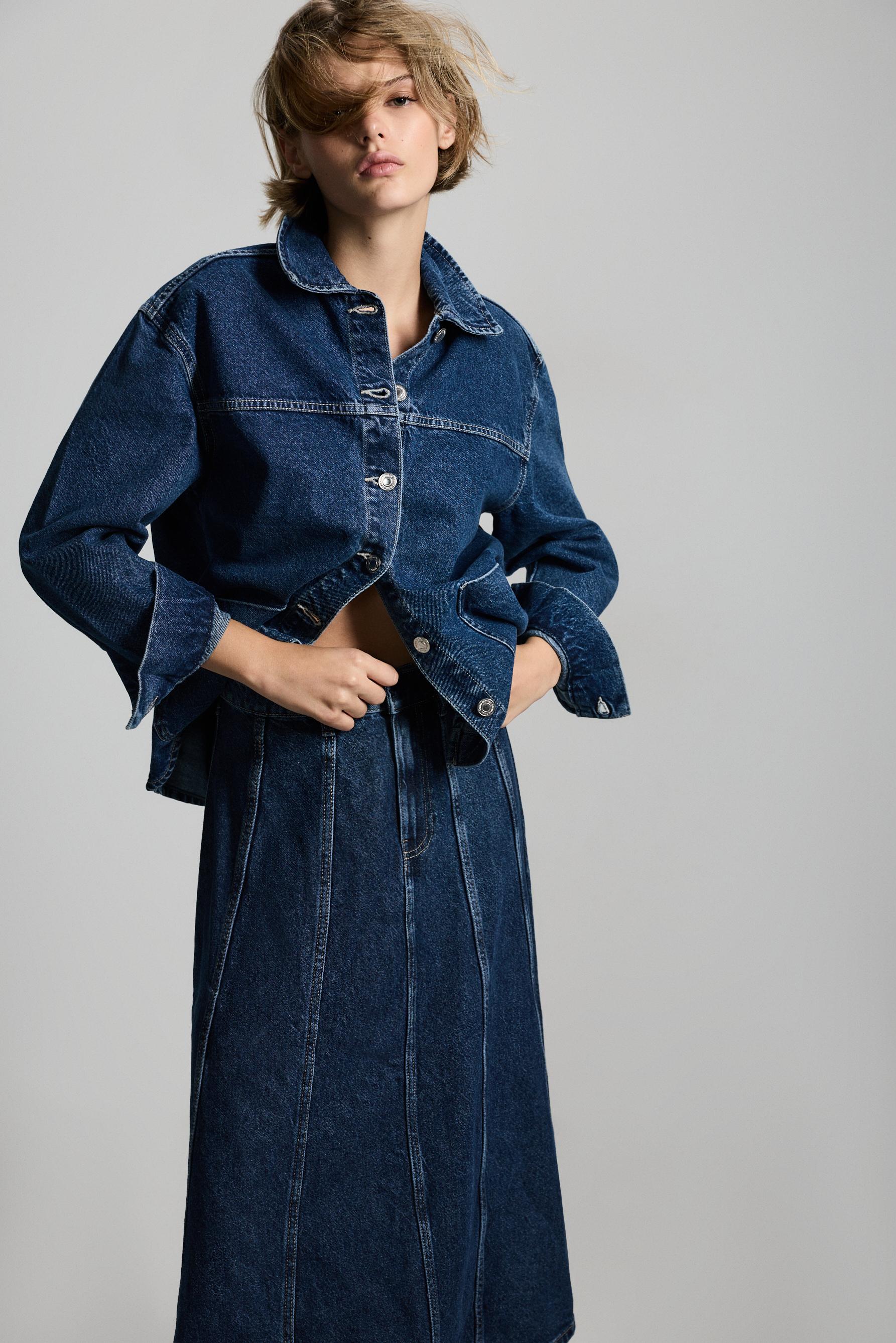 Godet denim midi skirt — BLUE MARL