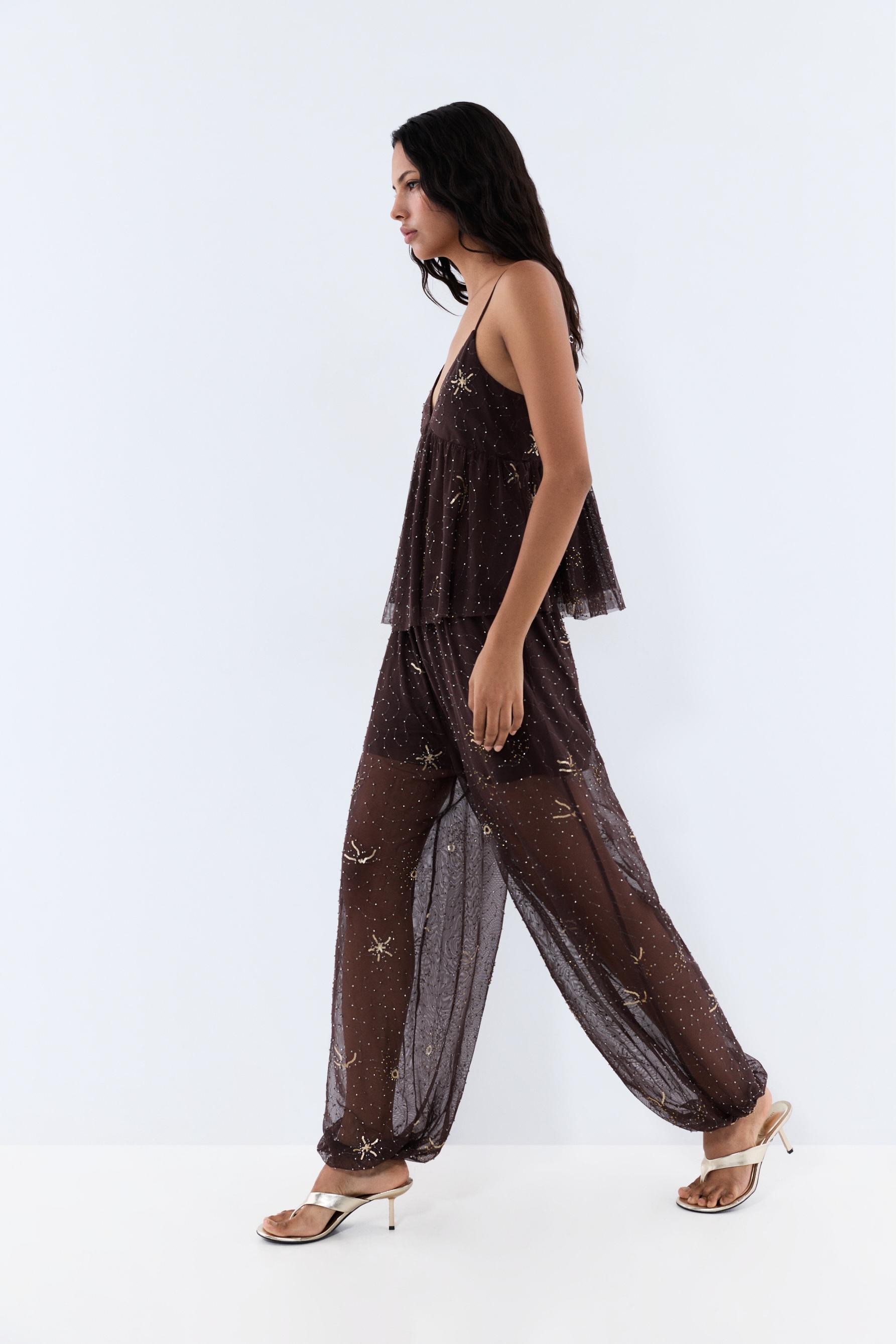 Rhinestone embroidered sarouel trousers — BROWN