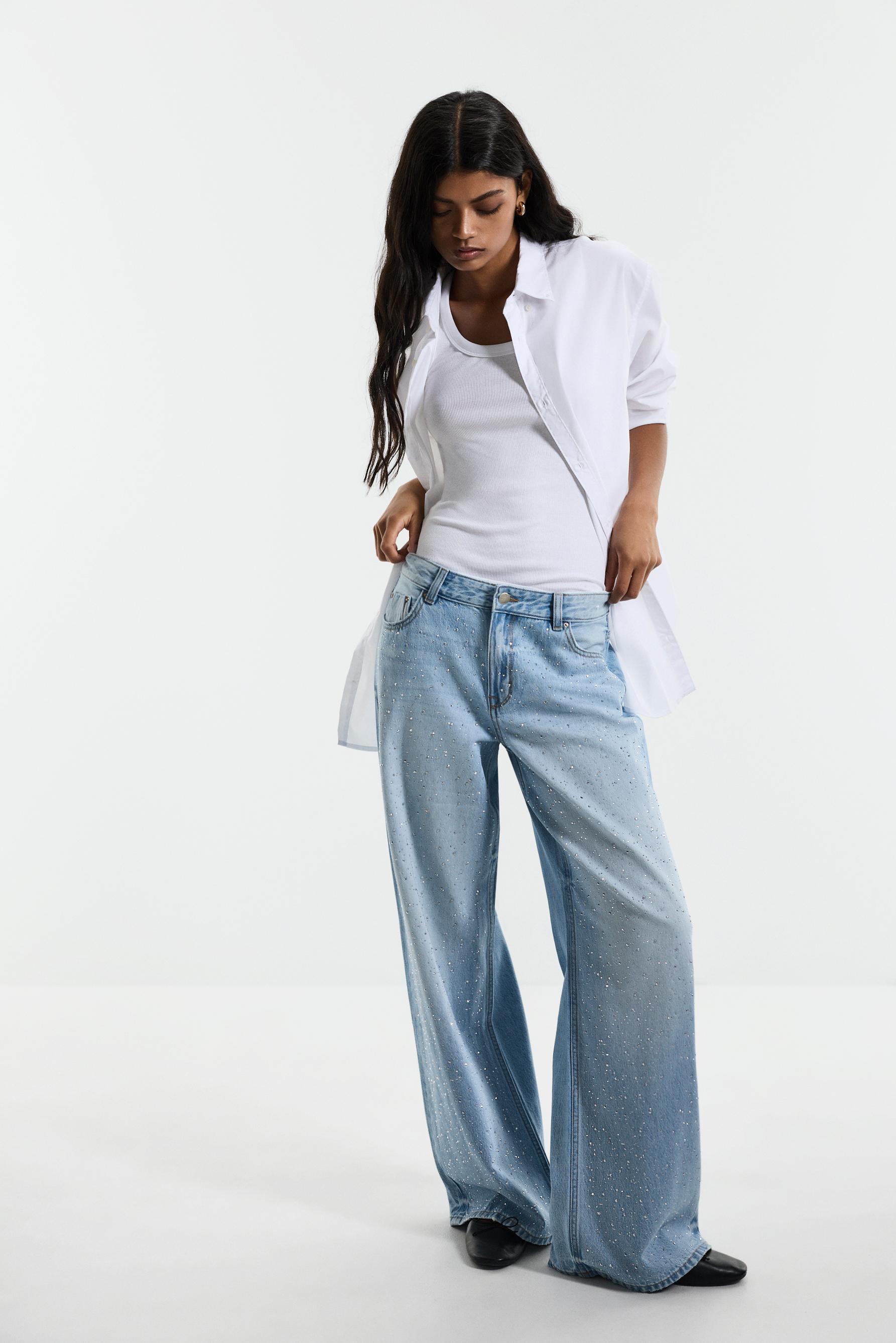 Wide-leg rhinestone jeans — FADED NAVY