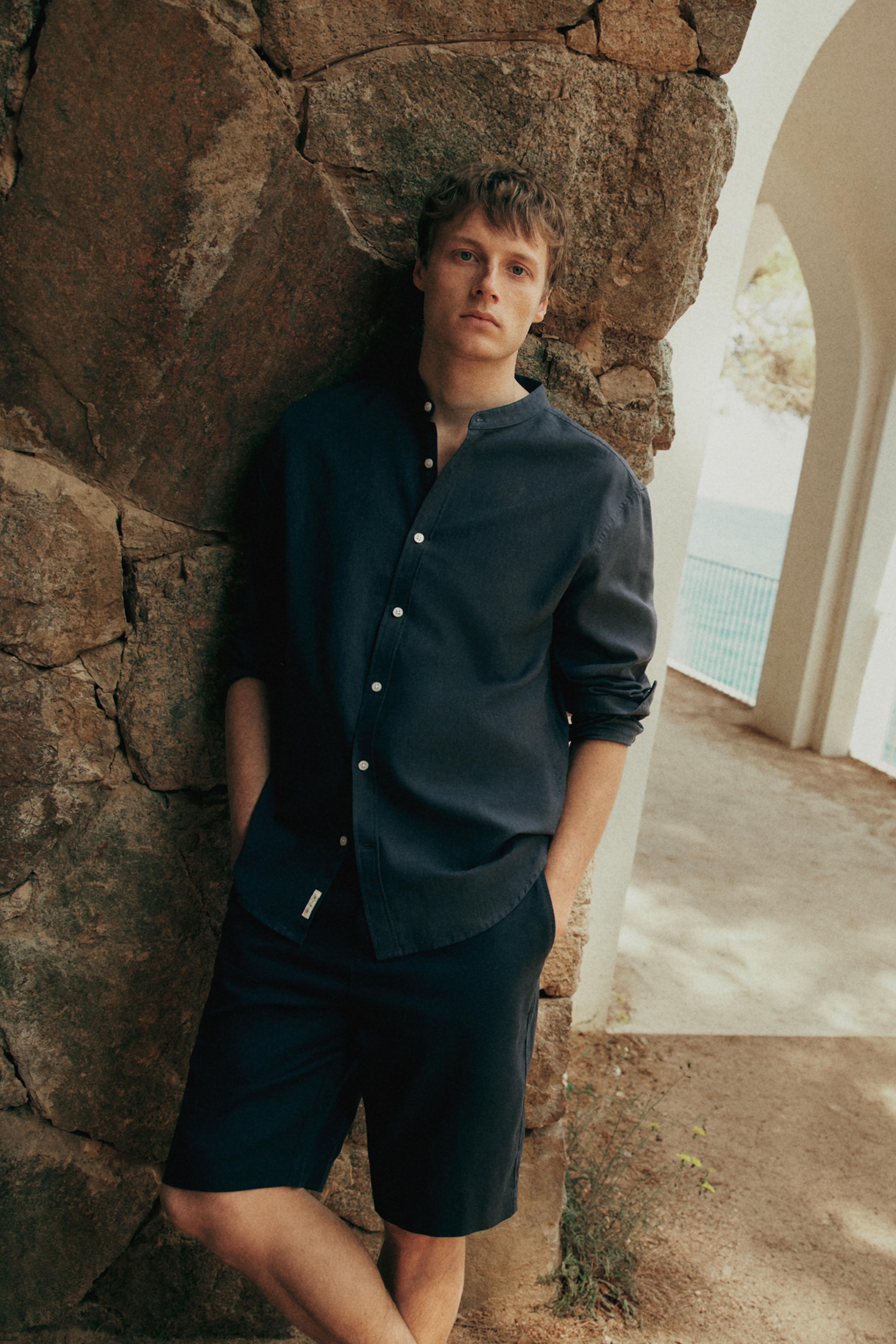 Cotton-linen chino Bermuda shorts — DARK BLUE