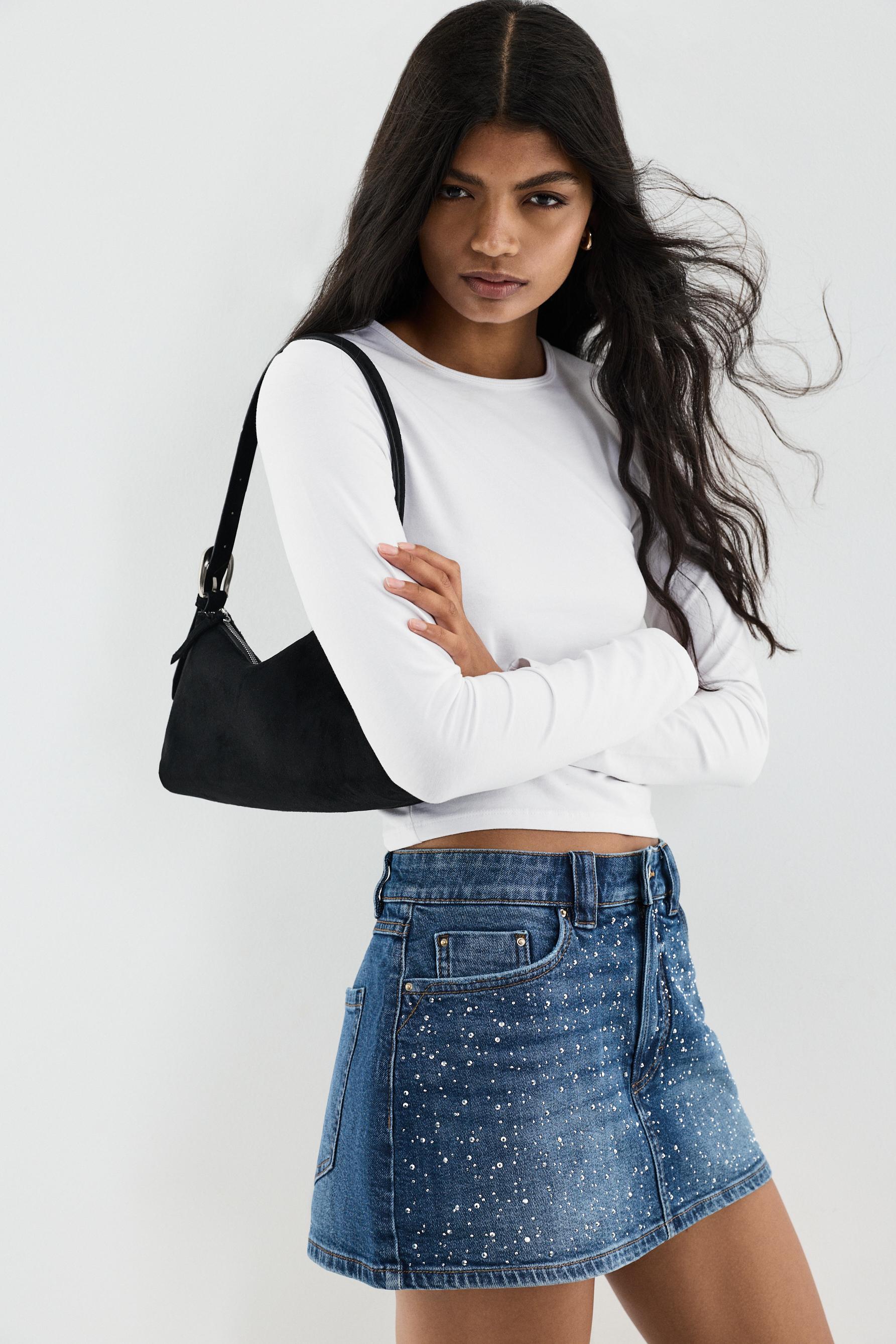 Rhinestone denim skort — FADED INDIGO
