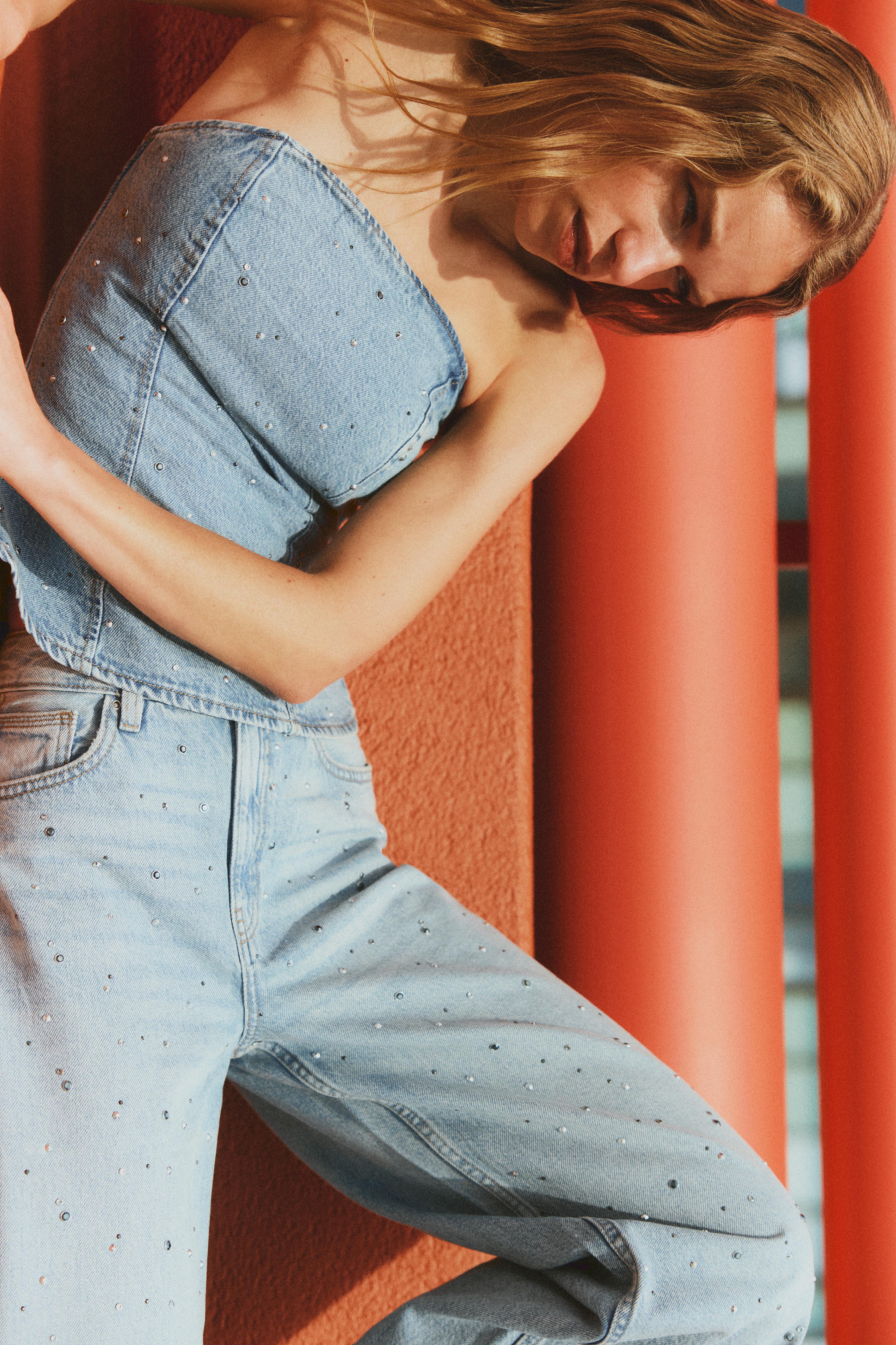 Denim bandeau top with rhinestones — INDIGO