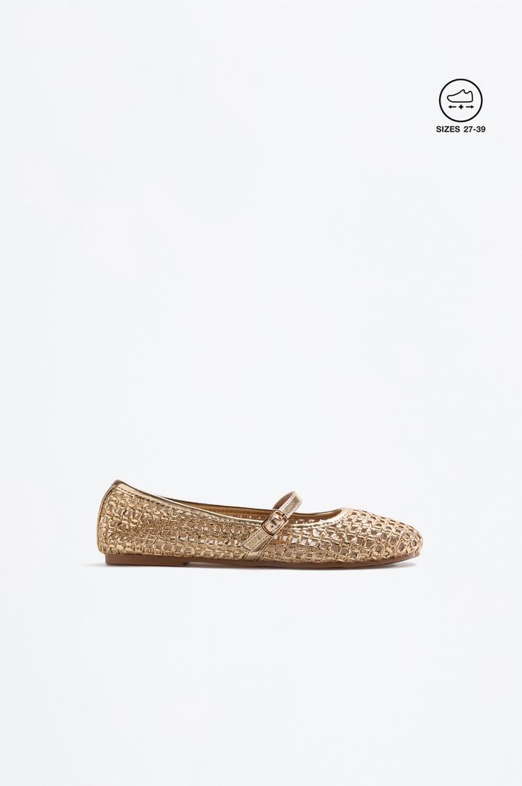 METALLIC MESH BALLET PUMPS — GOLD