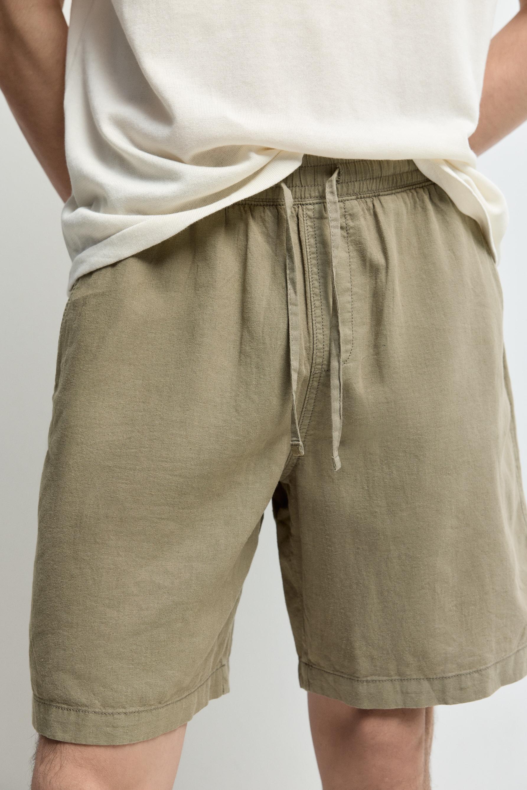 Linen-cotton jogger Bermuda shorts — KHAKI