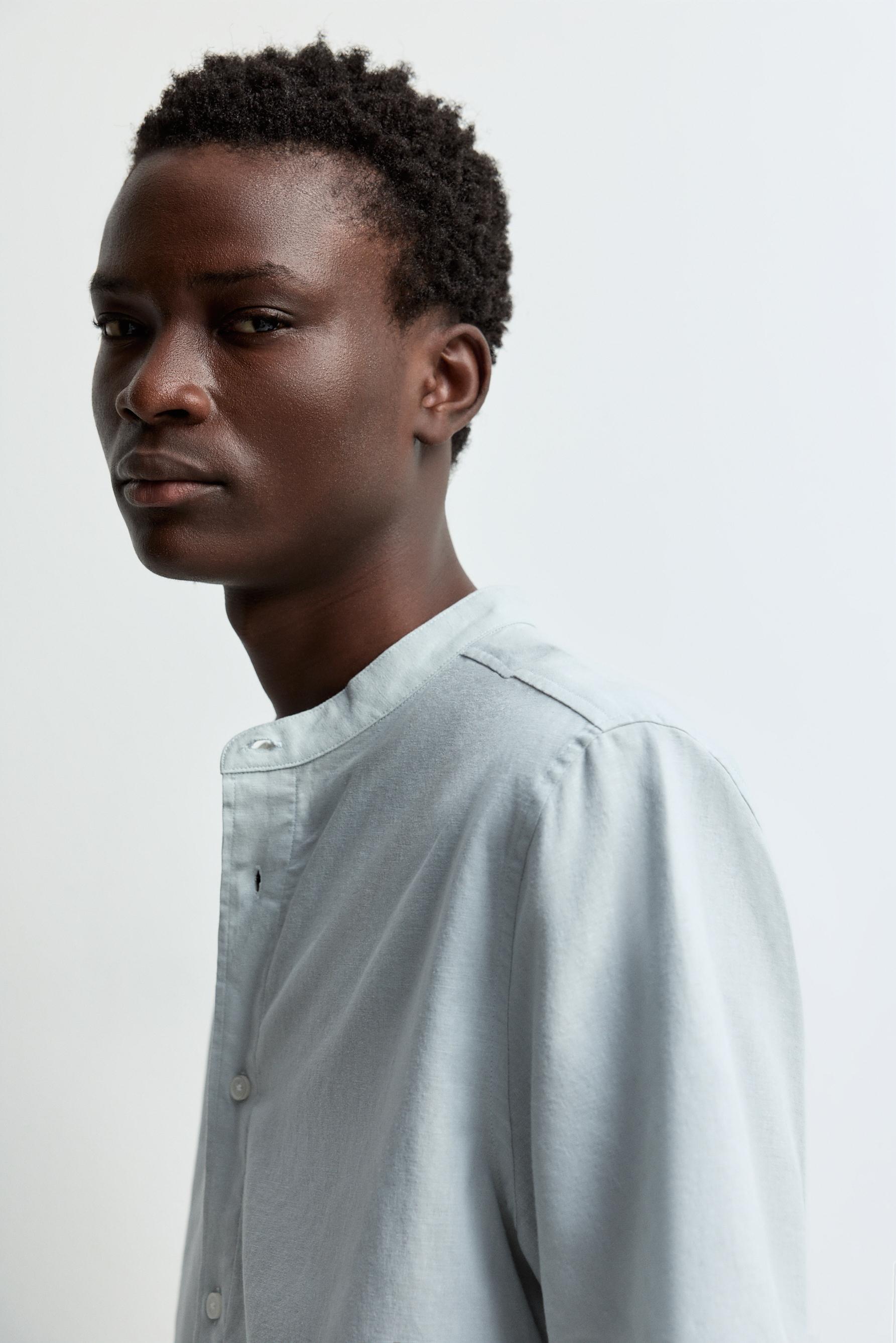 Linen-cotton stand collar shirt — PALE BLUE