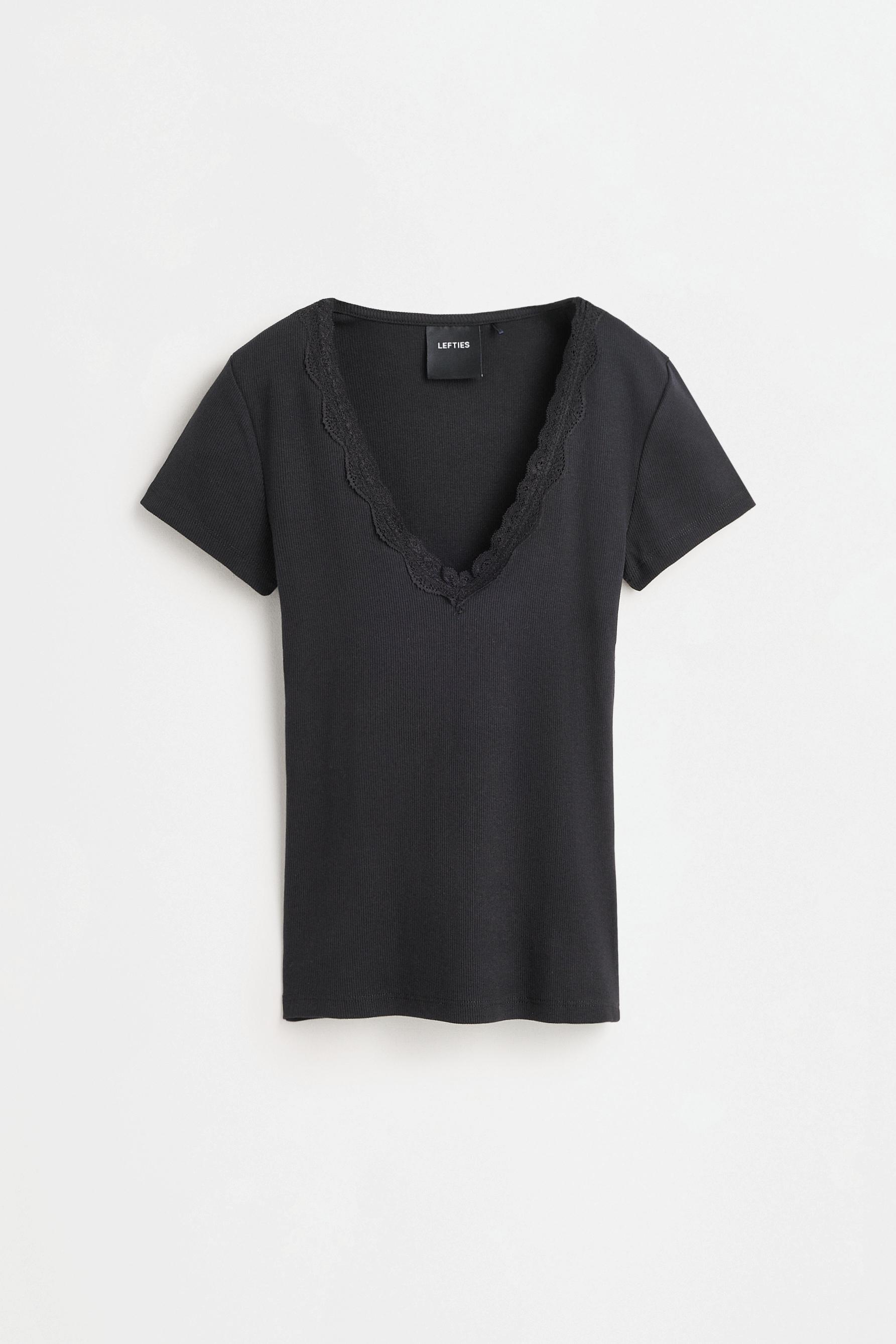 Ribbed lace T-shirt — BLACK