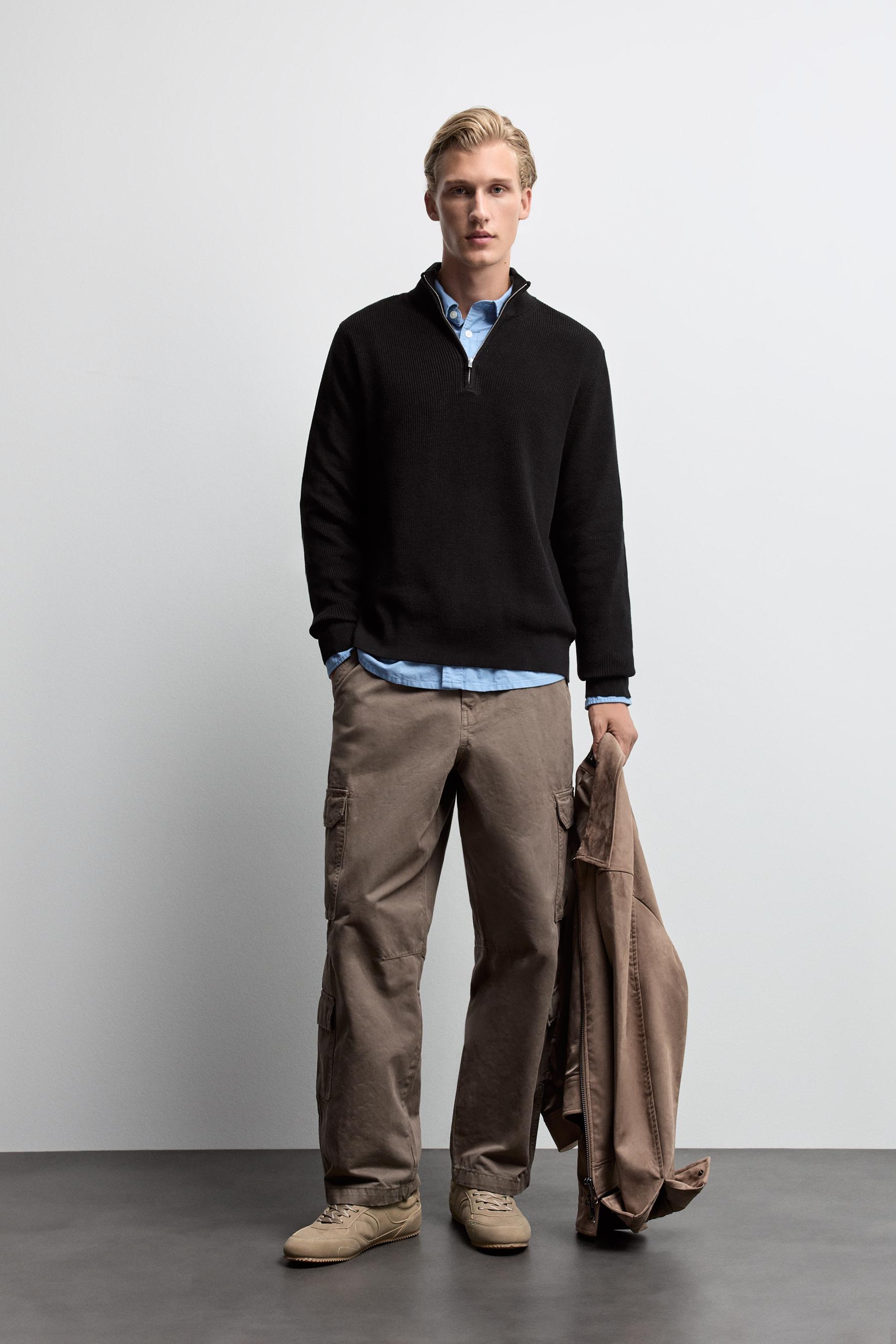 Textured zip-up sweater — BLACK