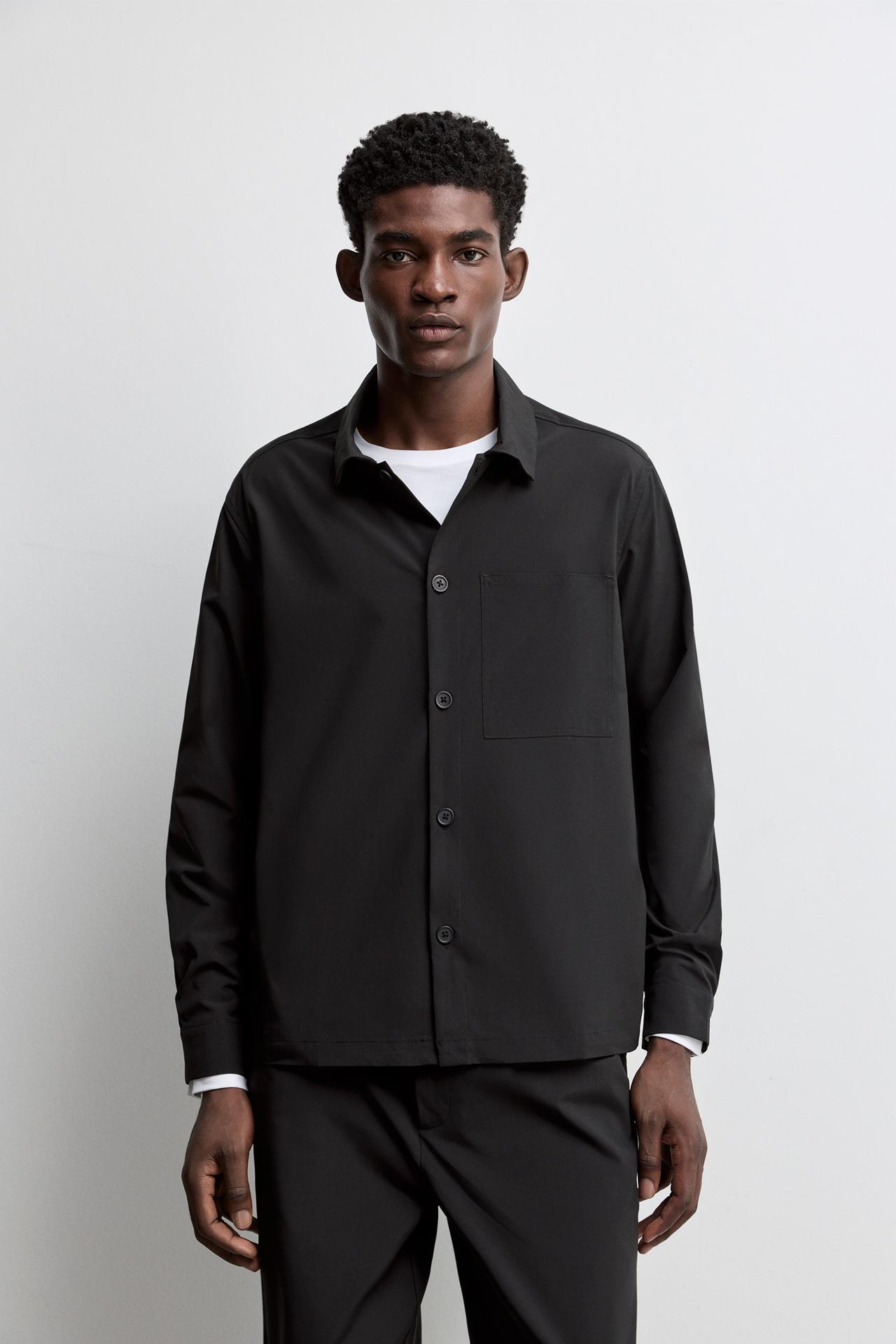 Button-Front Overshirt with Pocket — BLACK