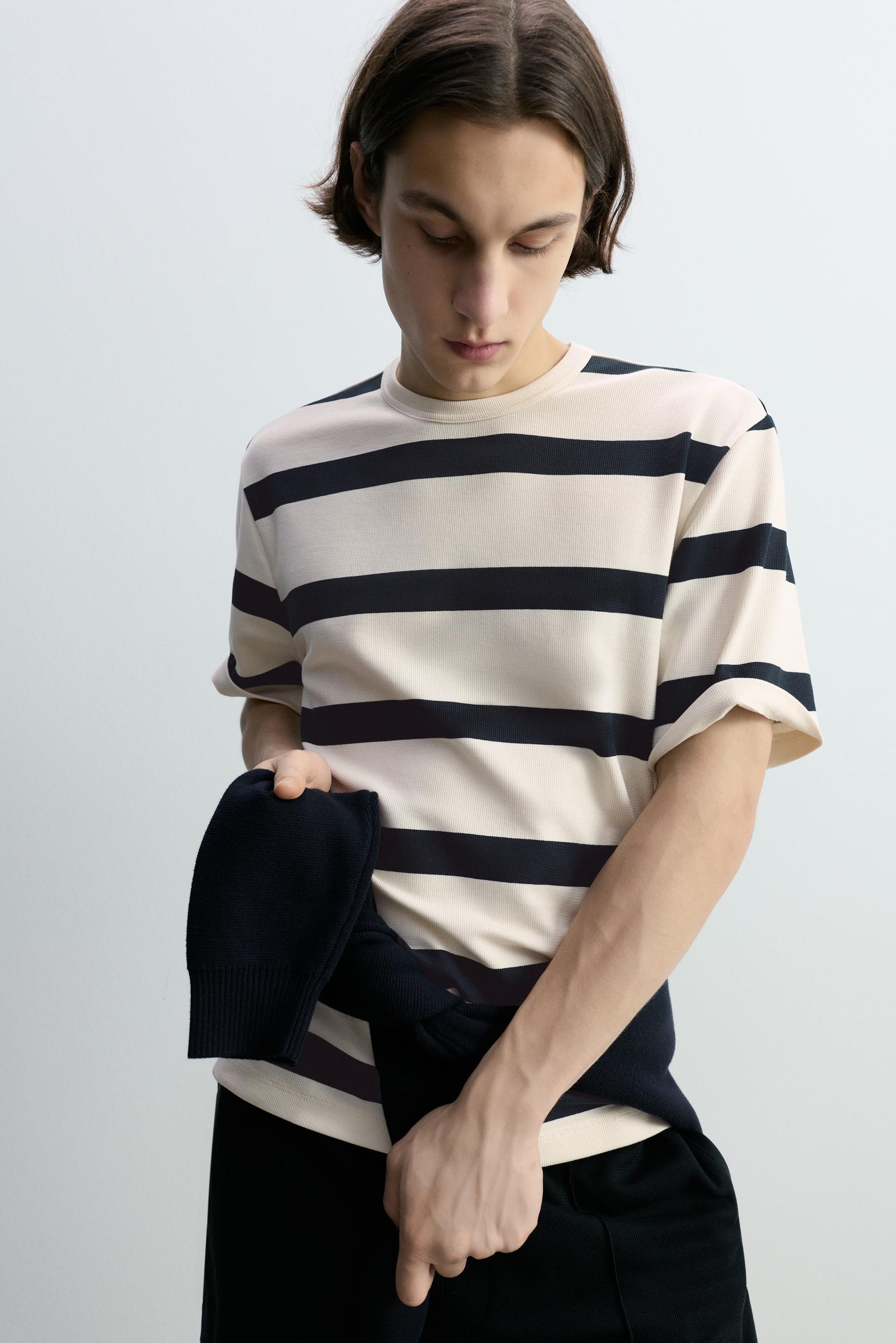 Textured striped T-shirt — NAVY