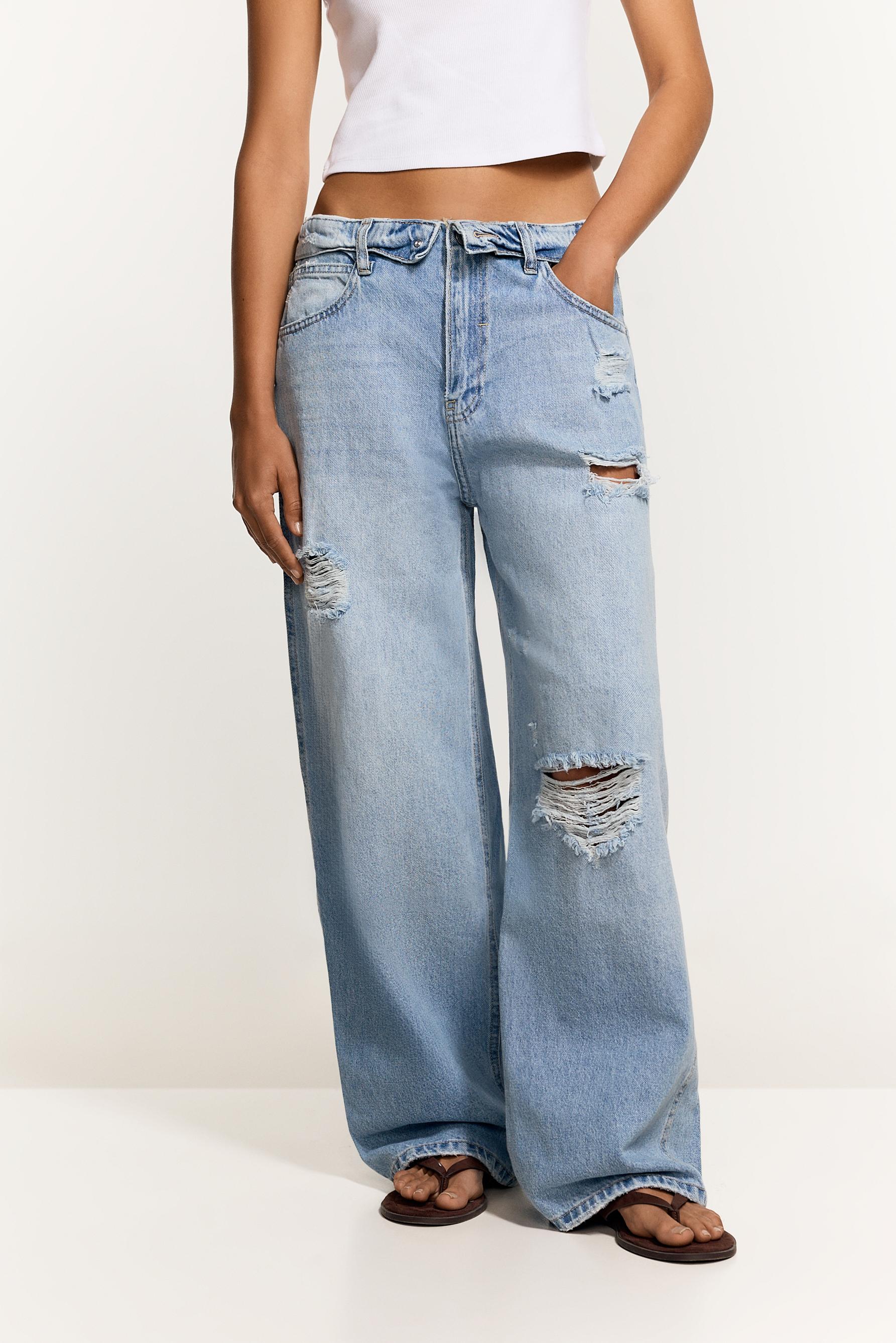 Fold-over waist baggy jeans — SKY BLUE