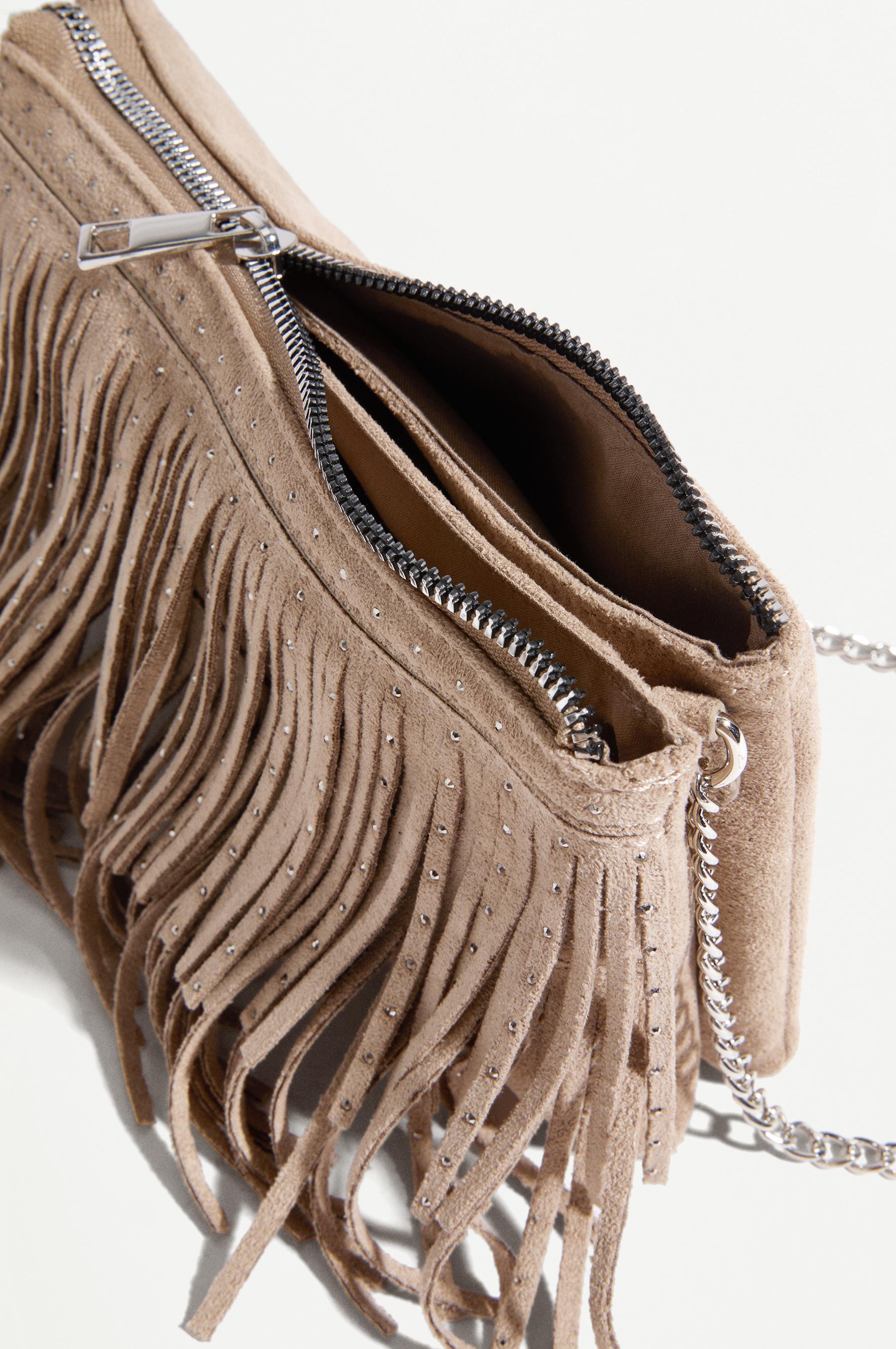 Fringed crossbody bag with rhinestones — CAMEL