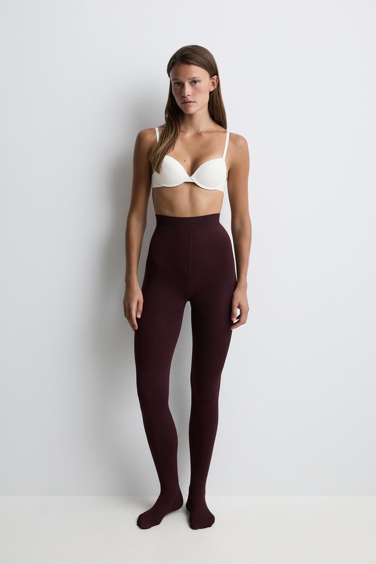 Leather effect fleece tights 200 den — BURGUNDY