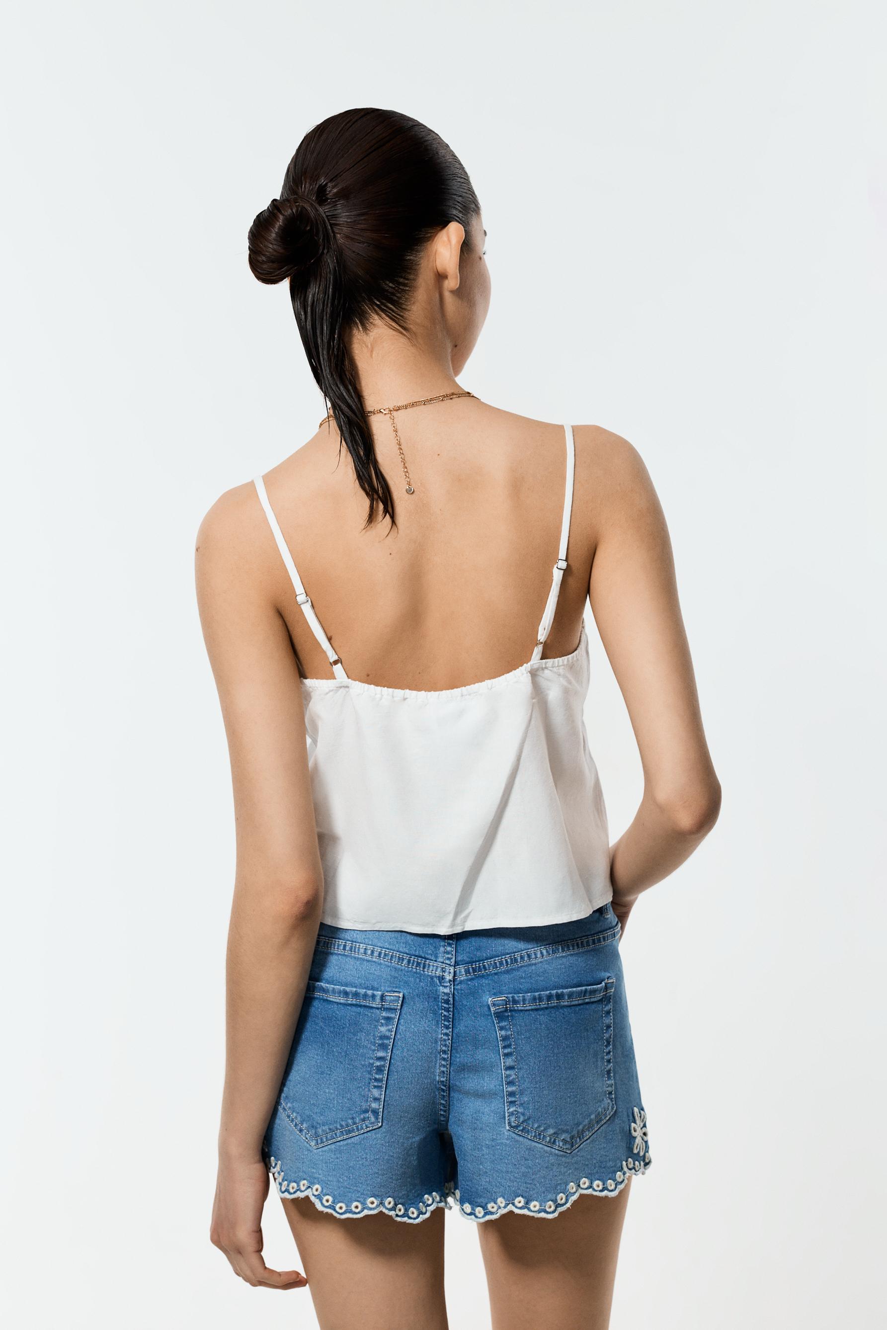 Swiss embroidery denim shorts — INDIGO