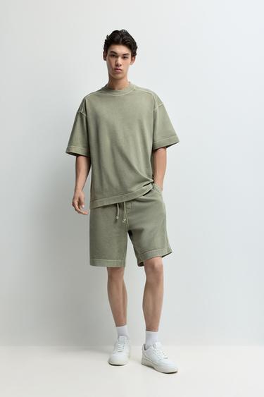 Faded-effect short sleeve sweatshirt — PALE KHAKI 2