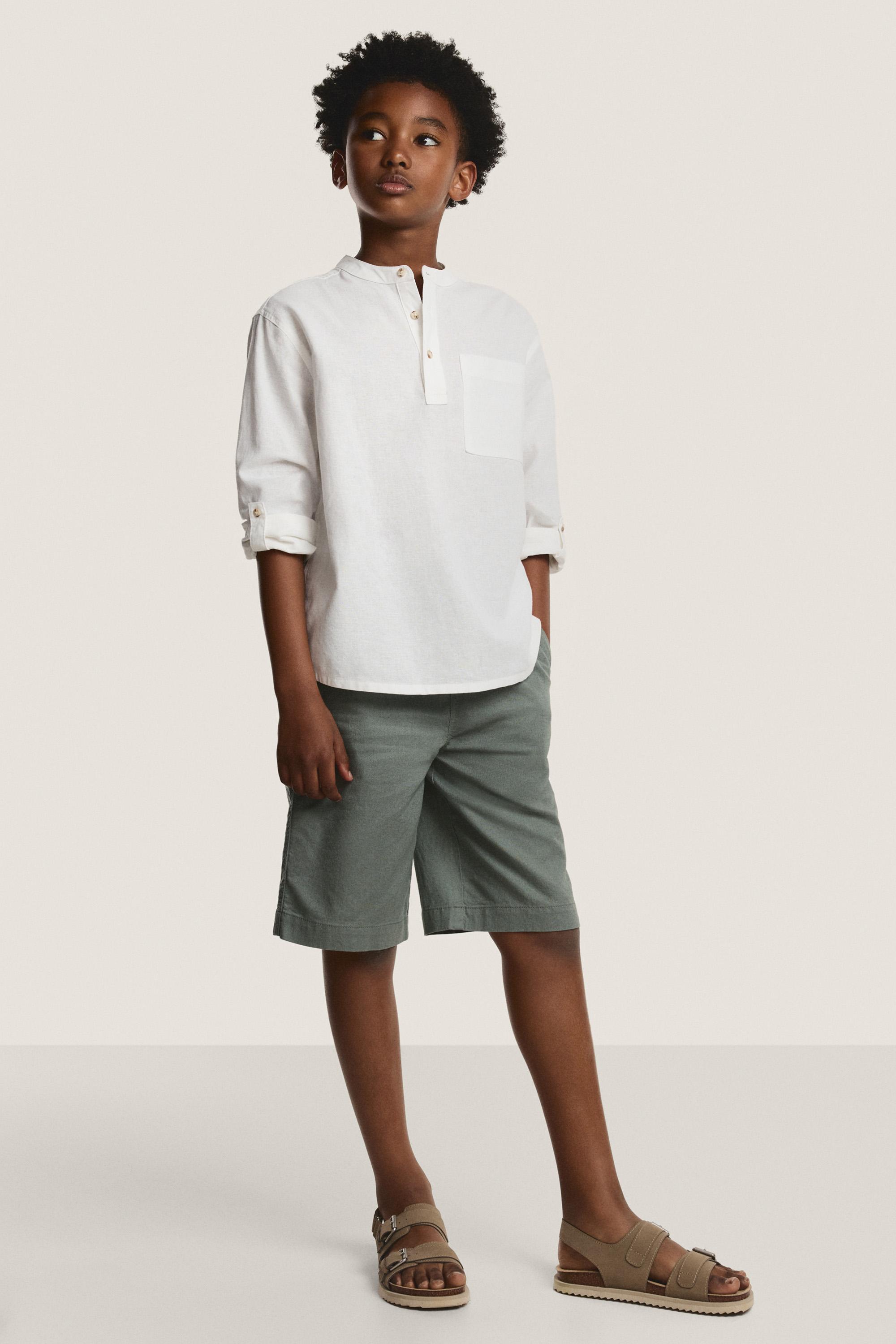 Linen-cotton stand collar shirt — WHITE